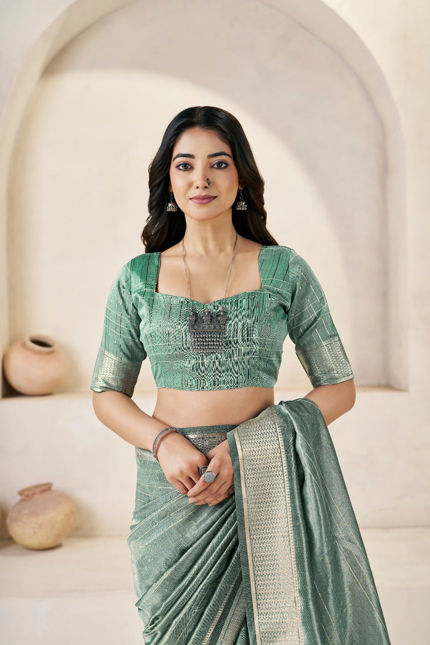 Sage Green Banarasi Silk Saree with Silver Zari Border