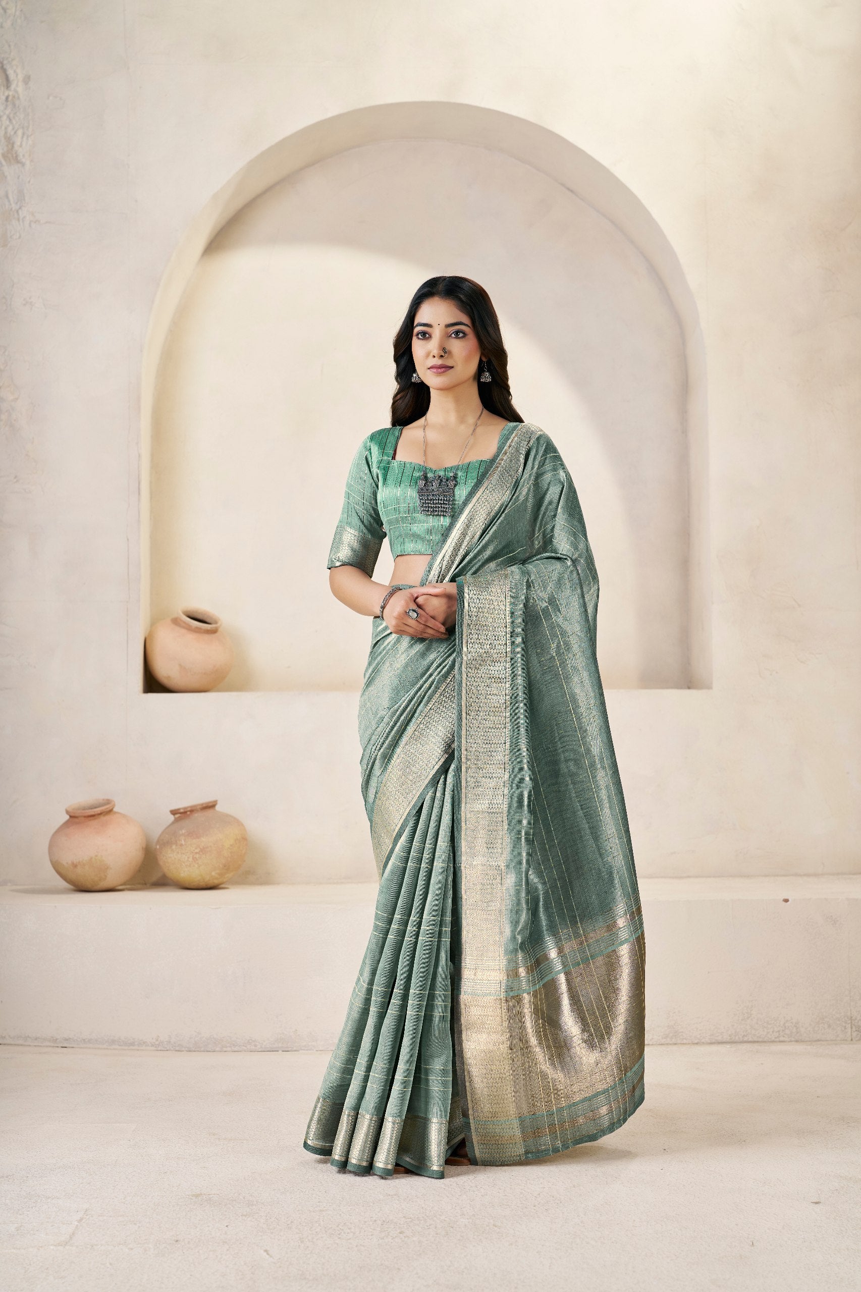 Sage Green Banarasi Silk Saree with Silver Zari Border