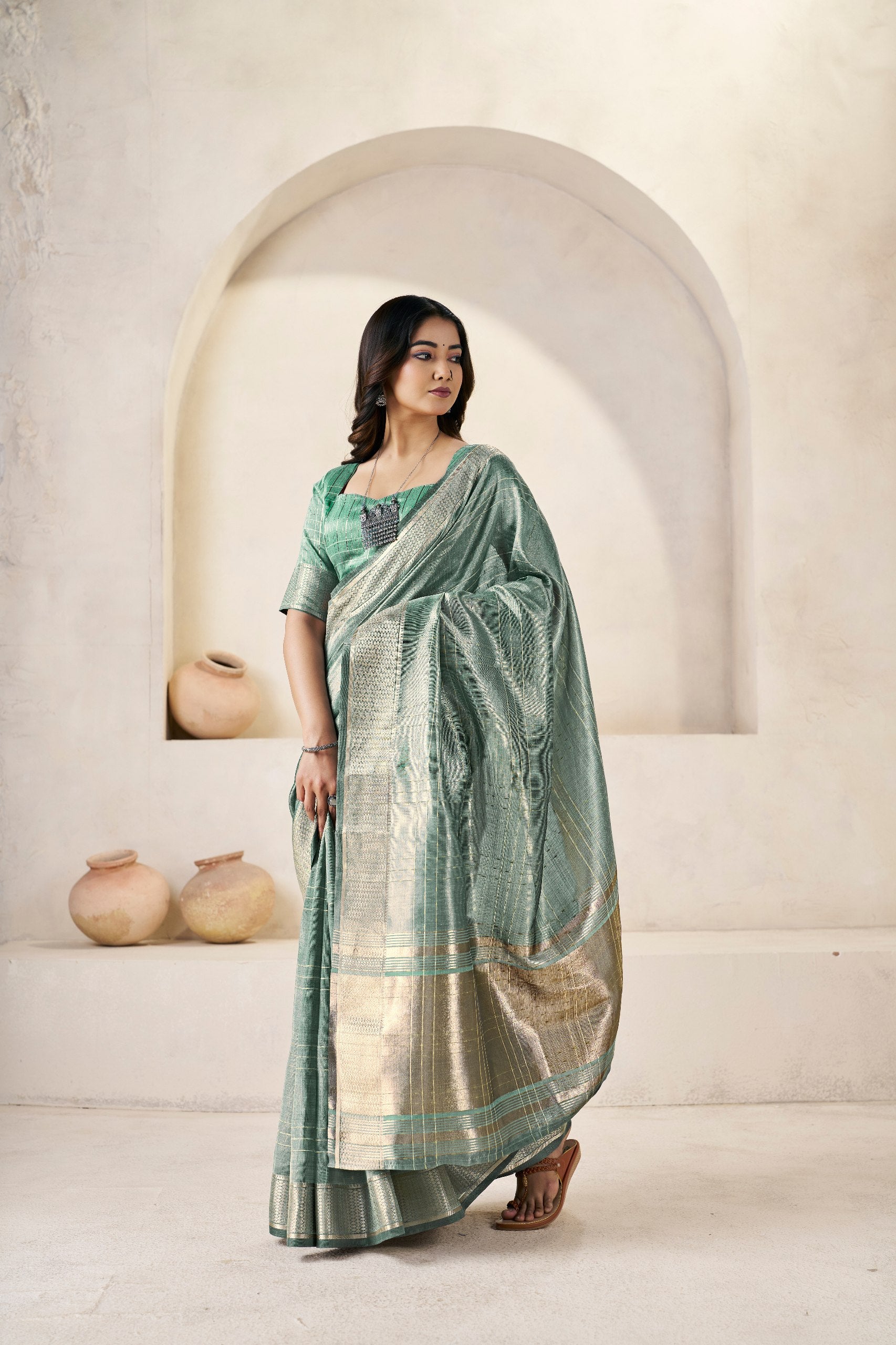 Sage Green Banarasi Silk Saree with Silver Zari Border