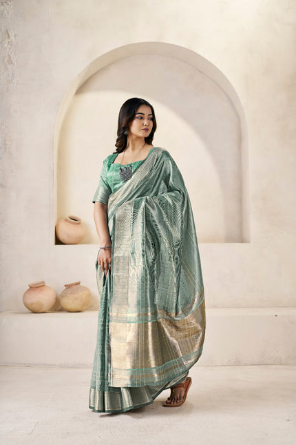 Sage Green Banarasi Silk Saree with Silver Zari Border