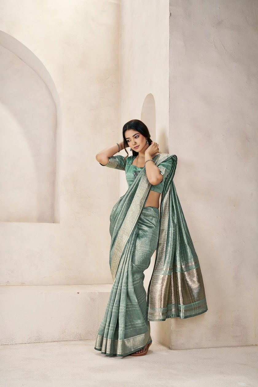 Sage Green Banarasi Silk Saree with Silver Zari Border