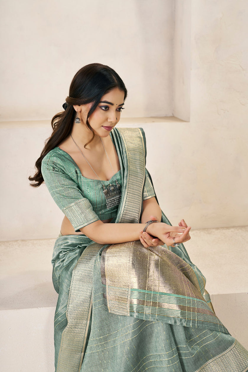 Sage Green Banarasi Silk Saree with Silver Zari Border