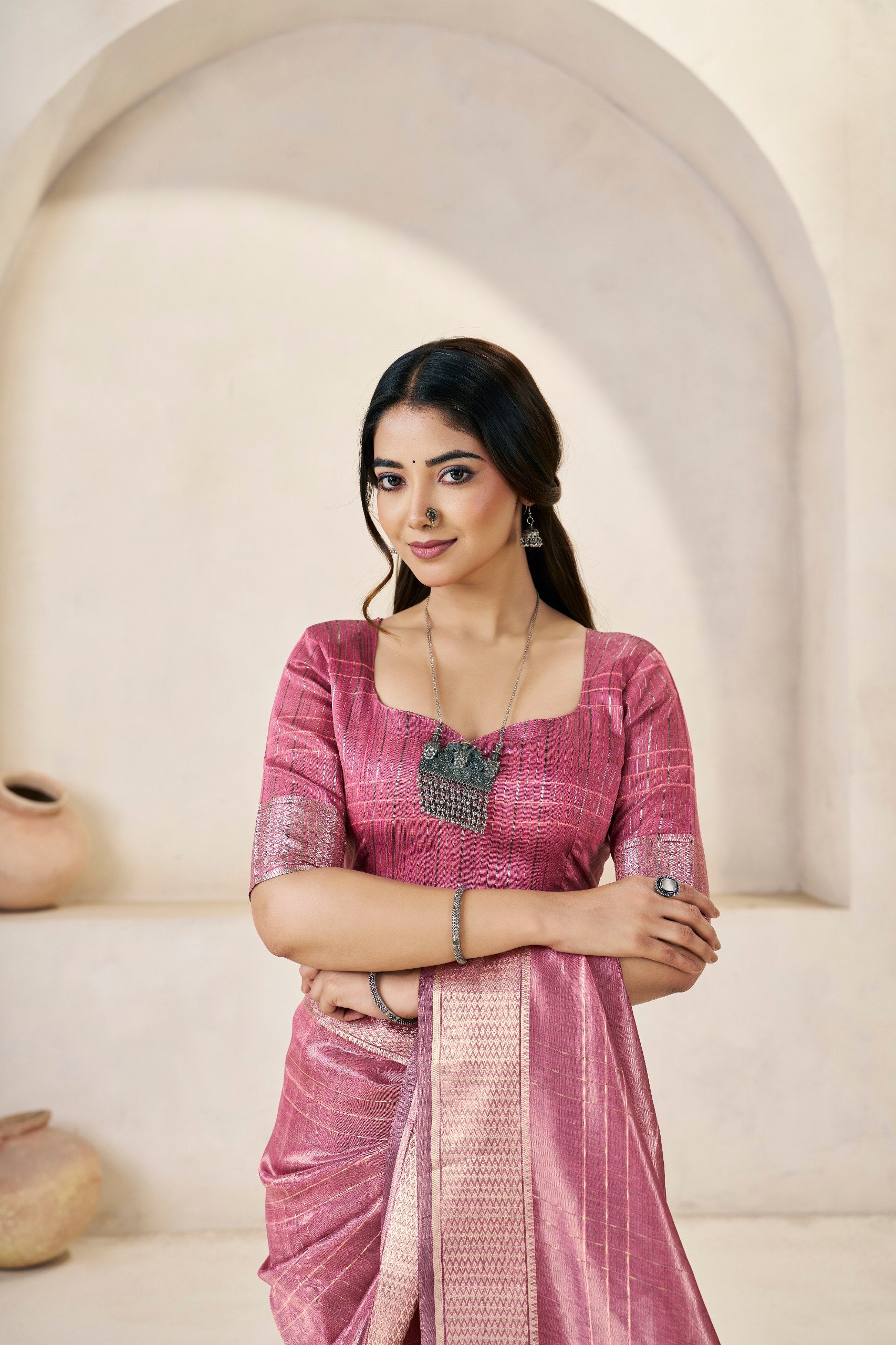 Rani Pink Banarasi Silk Saree with Golden Metallic Zari