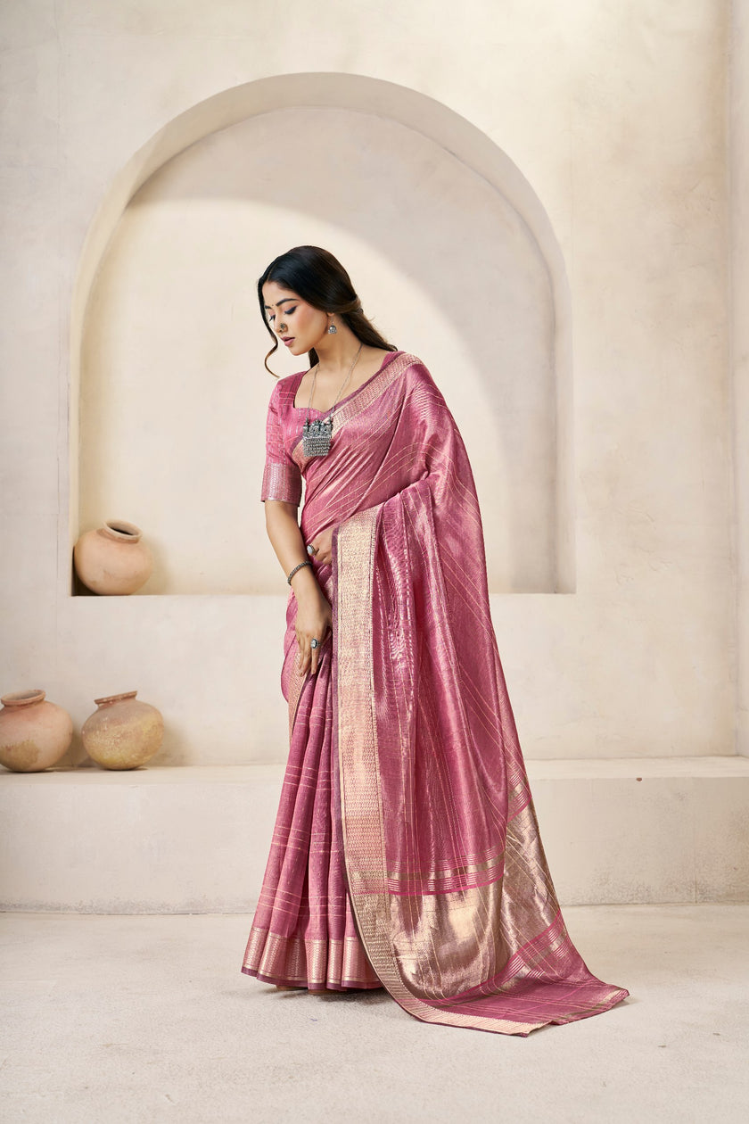 Rani Pink Banarasi Silk Saree with Golden Metallic Zari