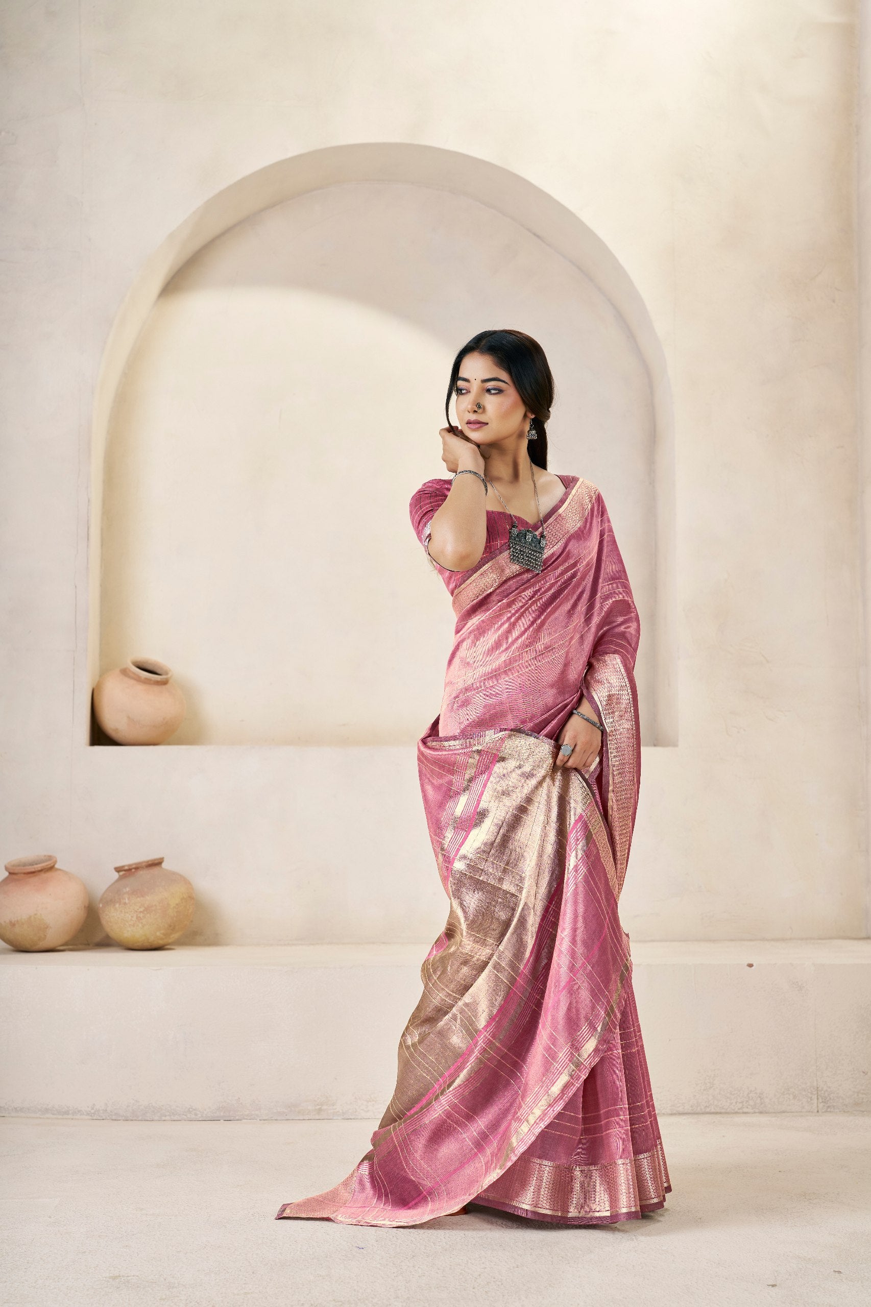 Rani Pink Banarasi Silk Saree with Golden Metallic Zari