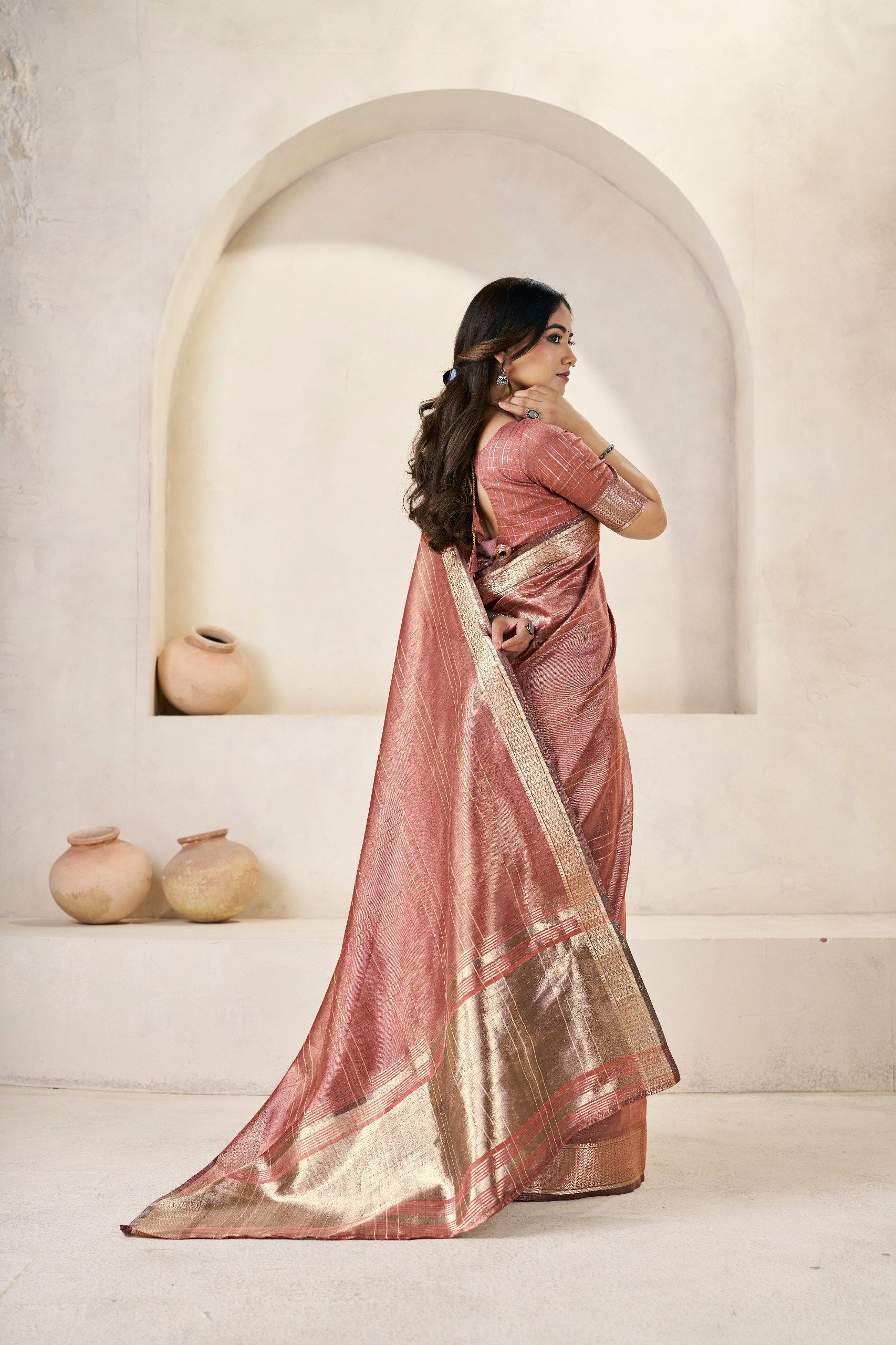 Rose Gold Banarasi Silk Saree with Rich Metallic Zari Border