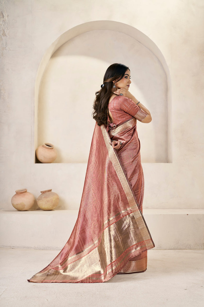 Rose Gold Banarasi Silk Saree with Rich Metallic Zari Border