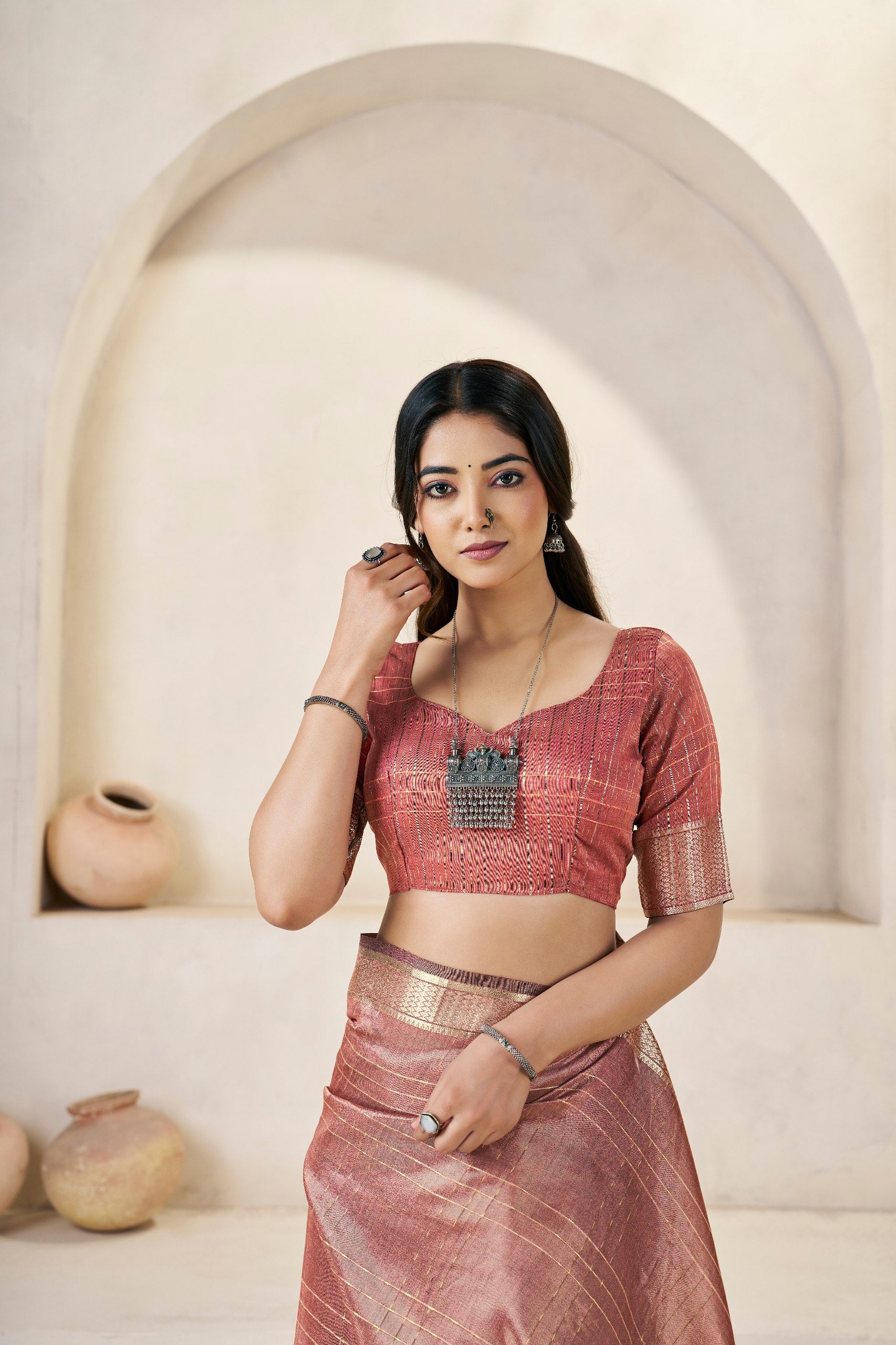Rose Gold Banarasi Silk Saree with Rich Metallic Zari Border