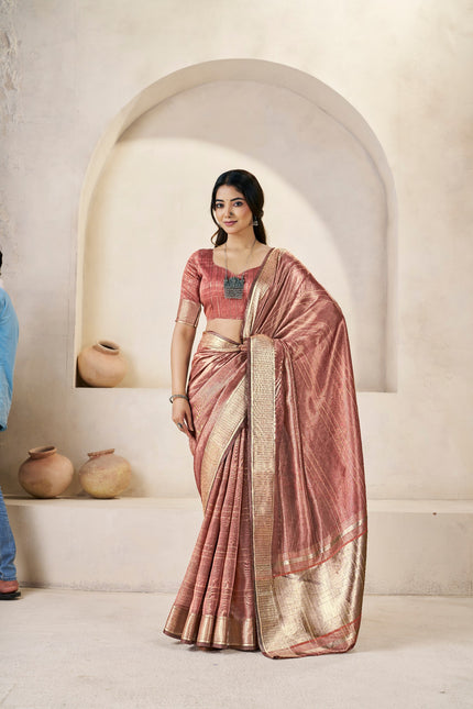 Rose Gold Banarasi Silk Saree with Rich Metallic Zari Border