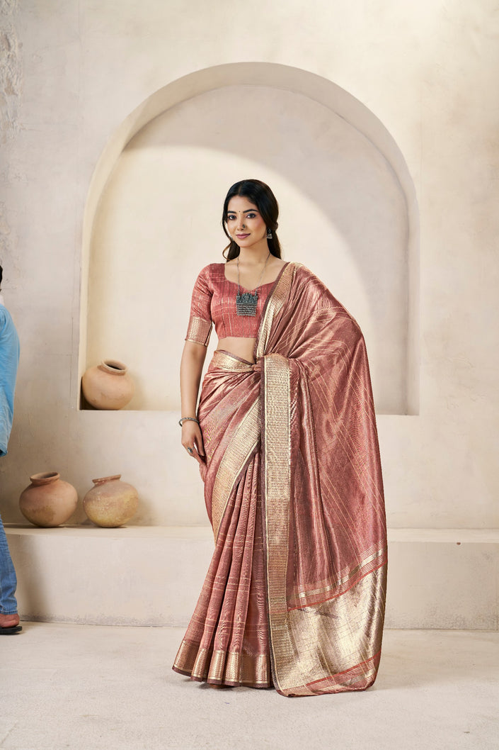Rose Gold Banarasi Silk Saree with Rich Metallic Zari Border
