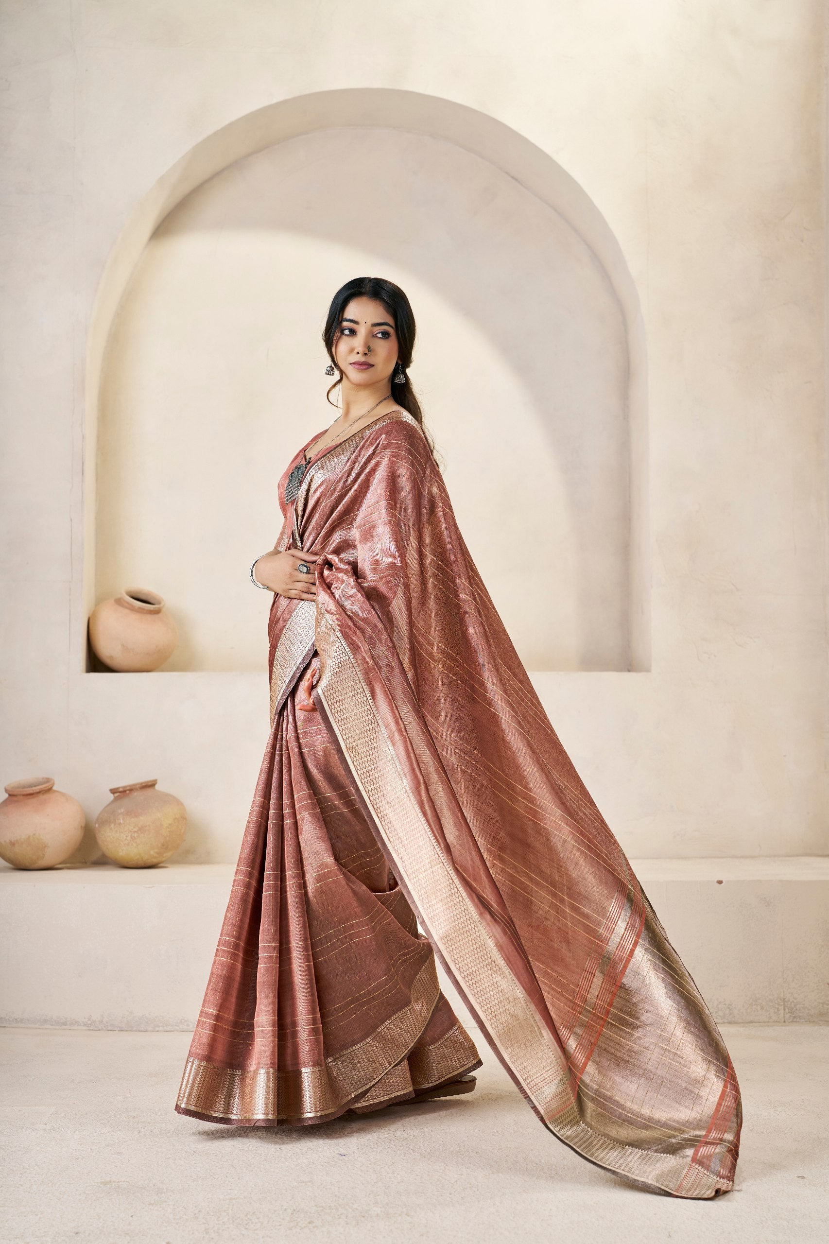 Rose Gold Banarasi Silk Saree with Rich Metallic Zari Border