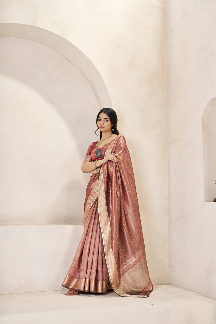 Rose Gold Banarasi Silk Saree with Rich Metallic Zari Border