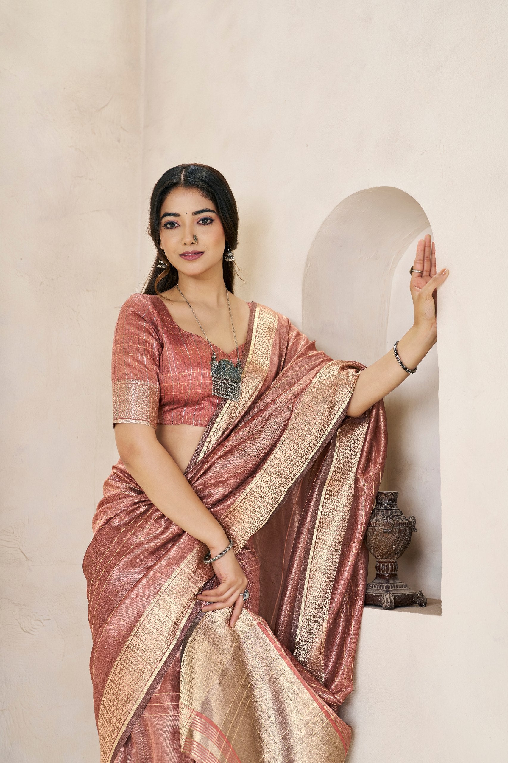 Rose Gold Banarasi Silk Saree with Rich Metallic Zari Border