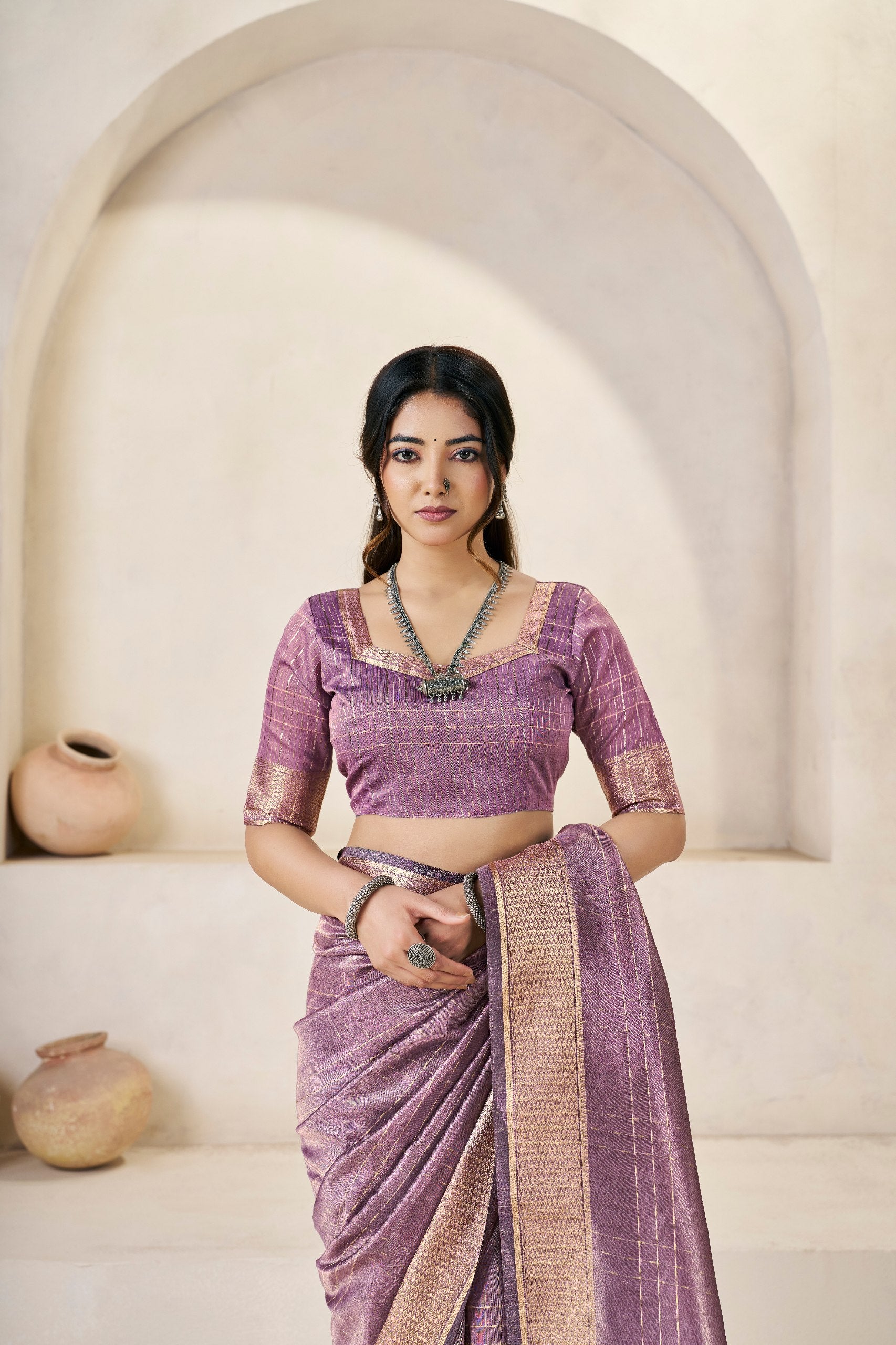 Royal Lavender Banarasi Silk Saree with Golden Zari Border