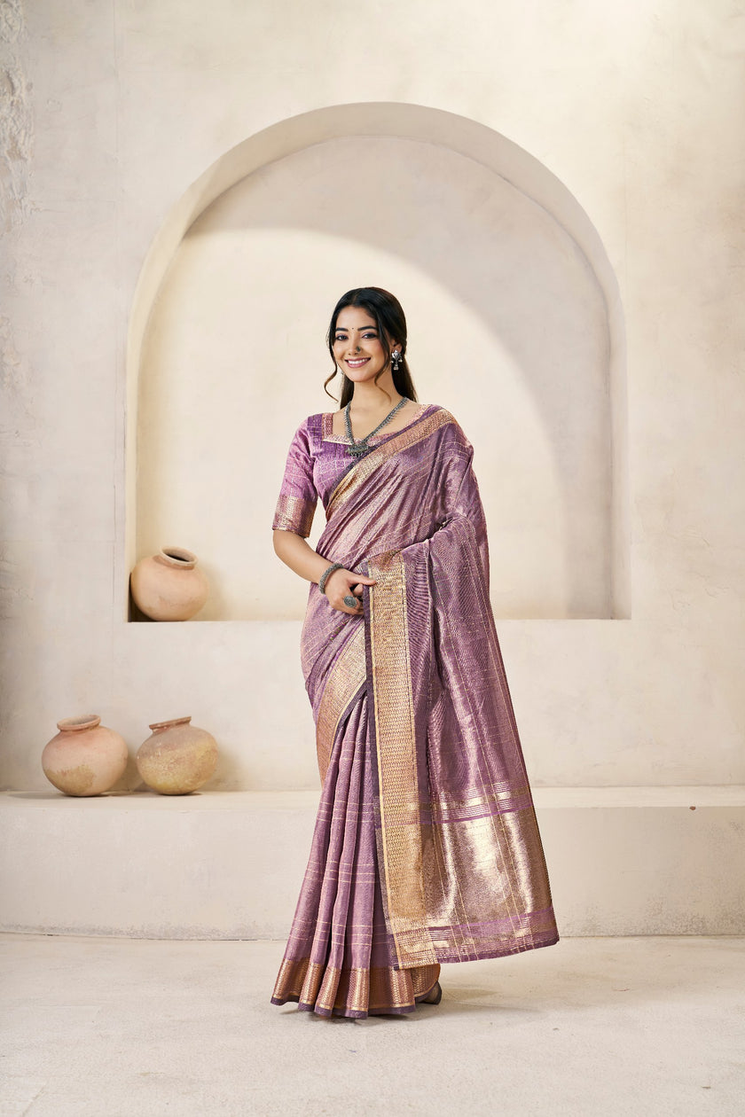Royal Lavender Banarasi Silk Saree with Golden Zari Border
