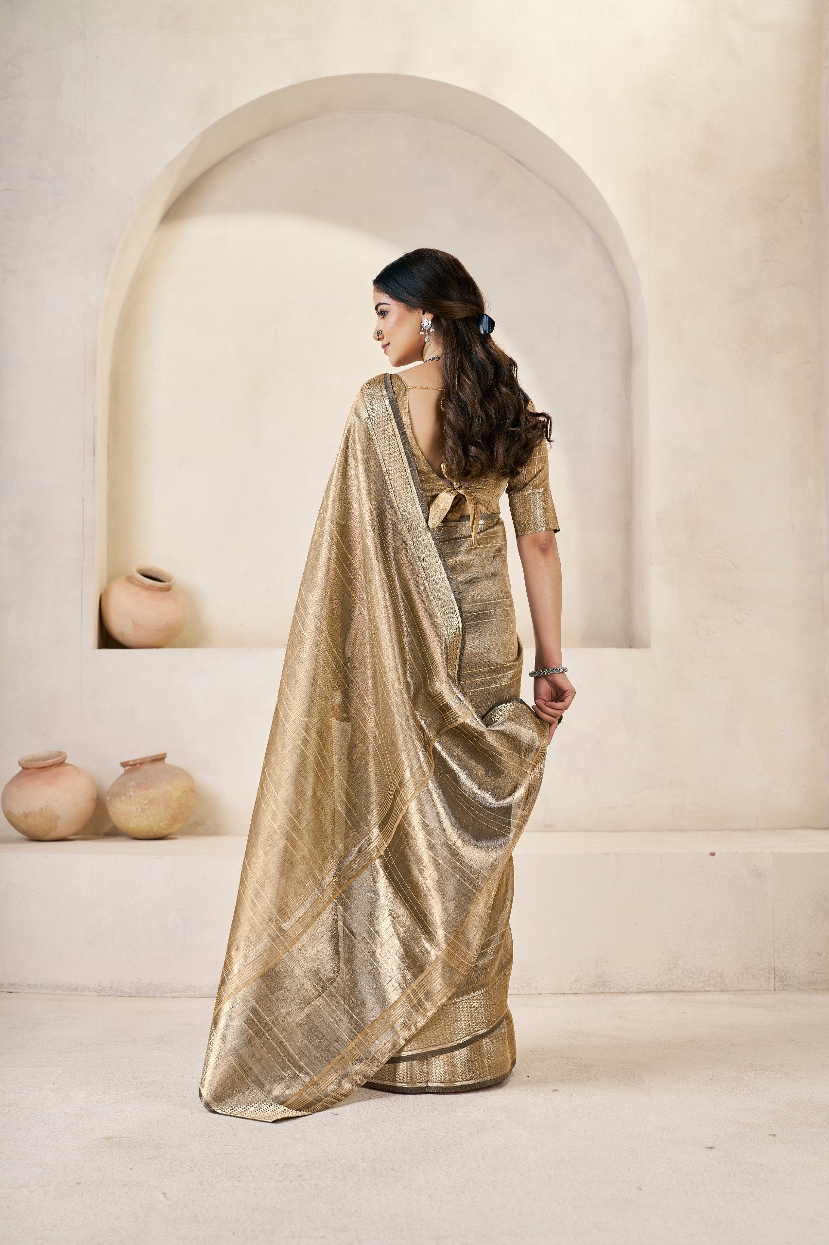 Antique Gold Banarasi Silk Saree with Metallic Zari Elegance