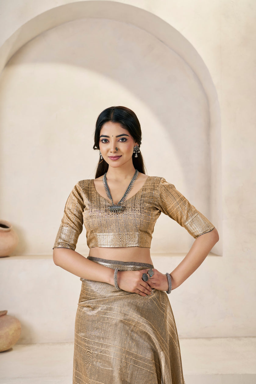 Antique Gold Banarasi Silk Saree with Metallic Zari Elegance