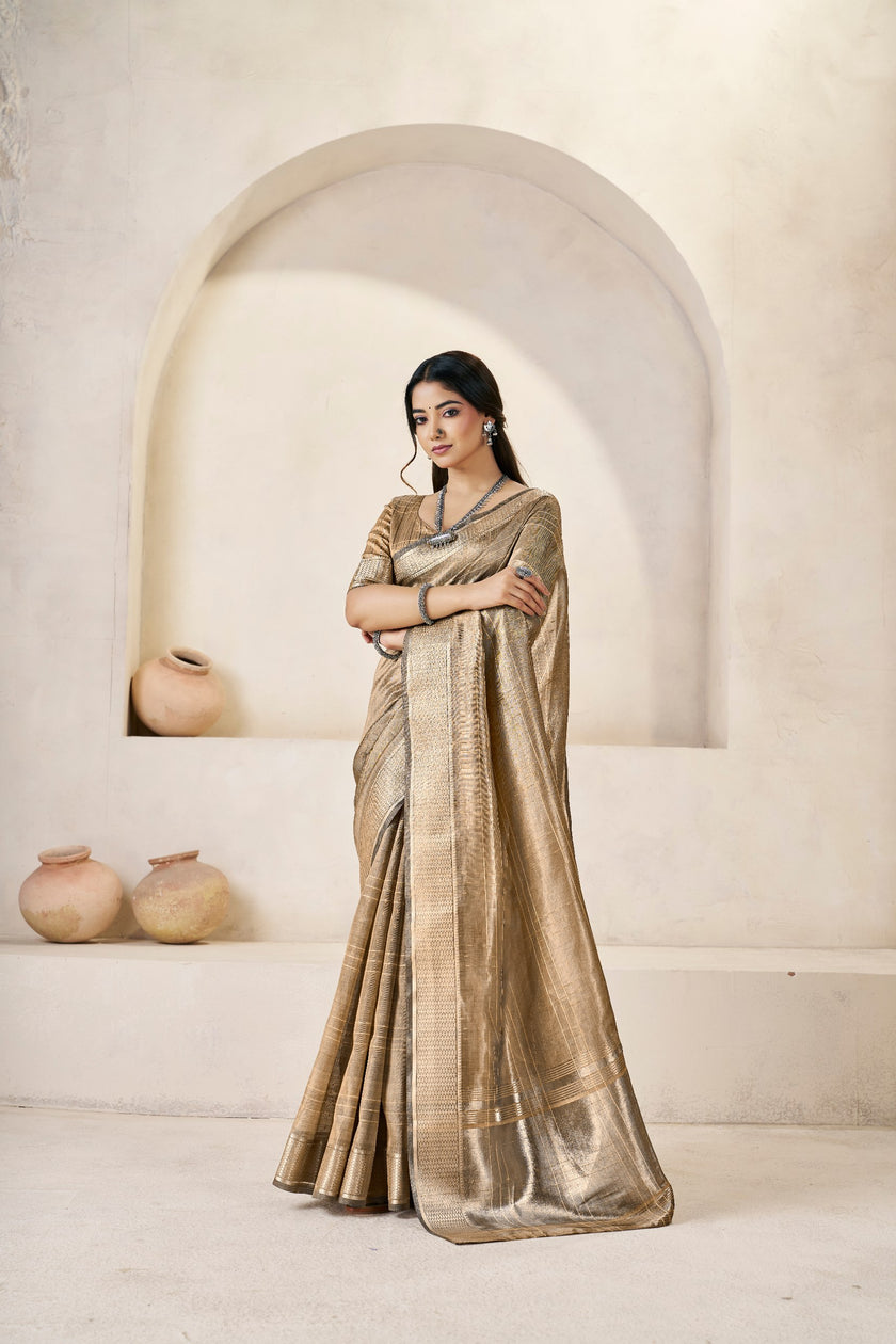 Antique Gold Banarasi Silk Saree with Metallic Zari Elegance