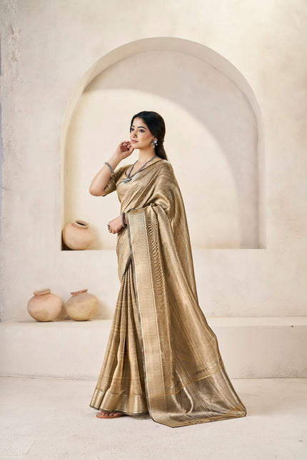Antique Gold Banarasi Silk Saree with Metallic Zari Elegance