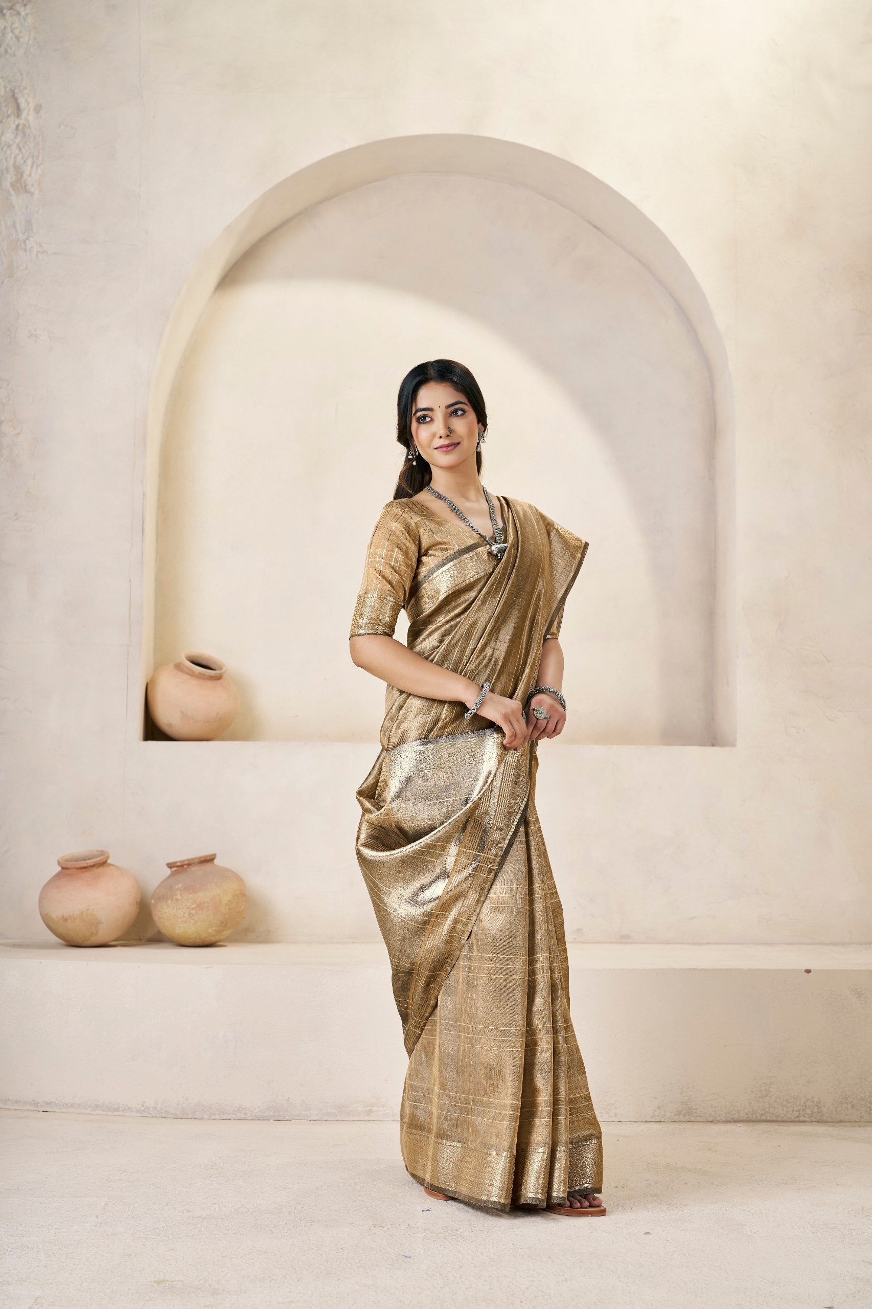 Antique Gold Banarasi Silk Saree with Metallic Zari Elegance