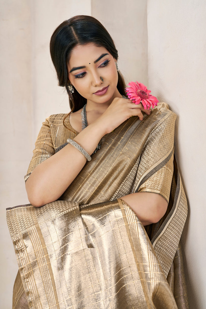 Antique Gold Banarasi Silk Saree with Metallic Zari Elegance