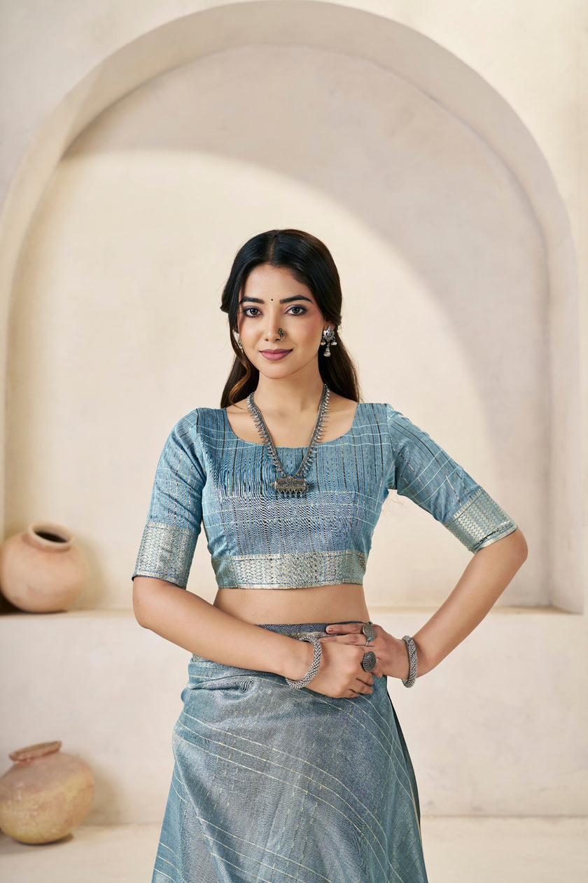 Steel Blue Banarasi Silk Saree with Silver Zari Border