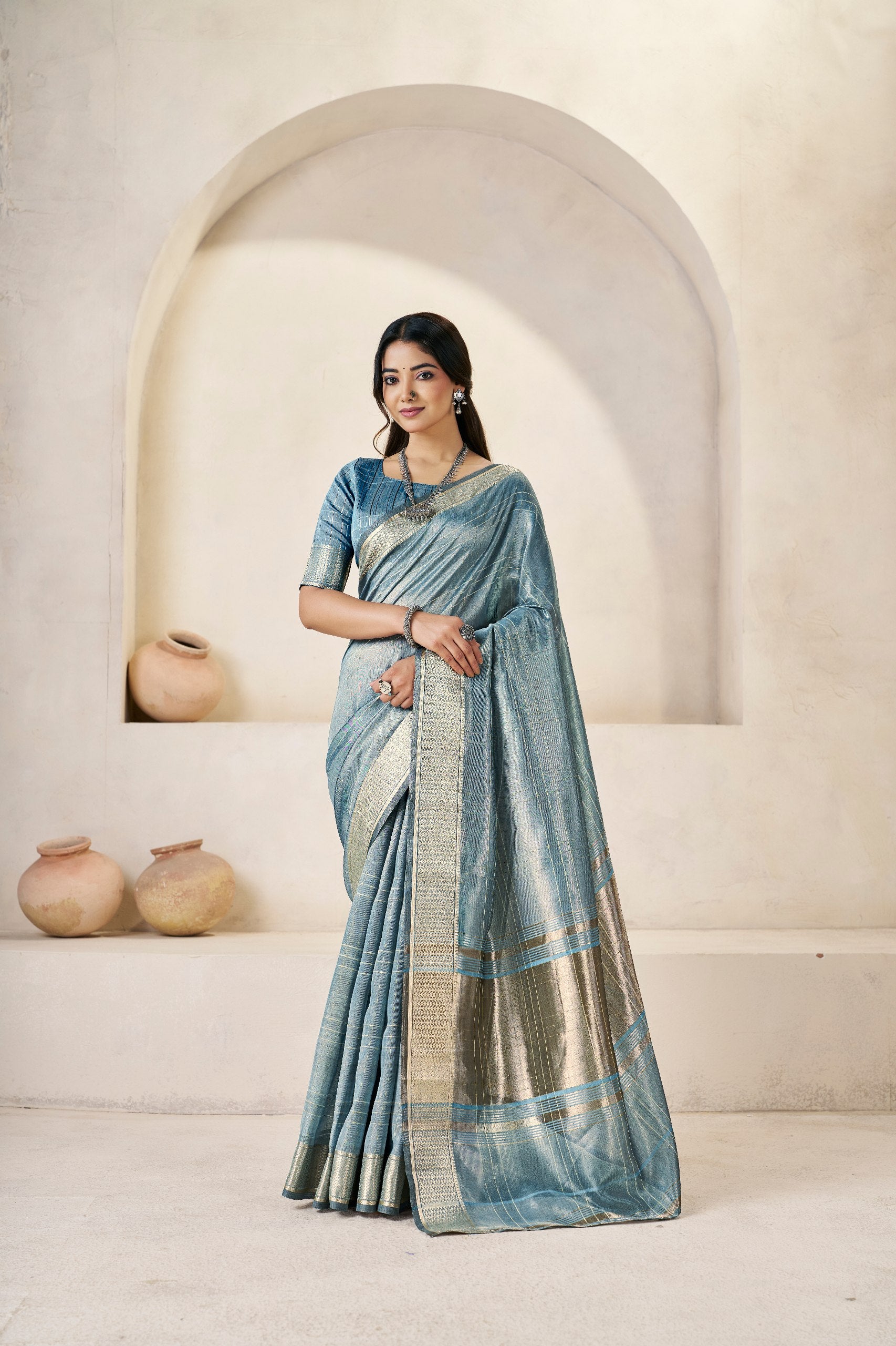 Steel Blue Banarasi Silk Saree with Silver Zari Border
