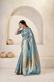 Steel Blue Banarasi Silk Saree with Silver Zari Border
