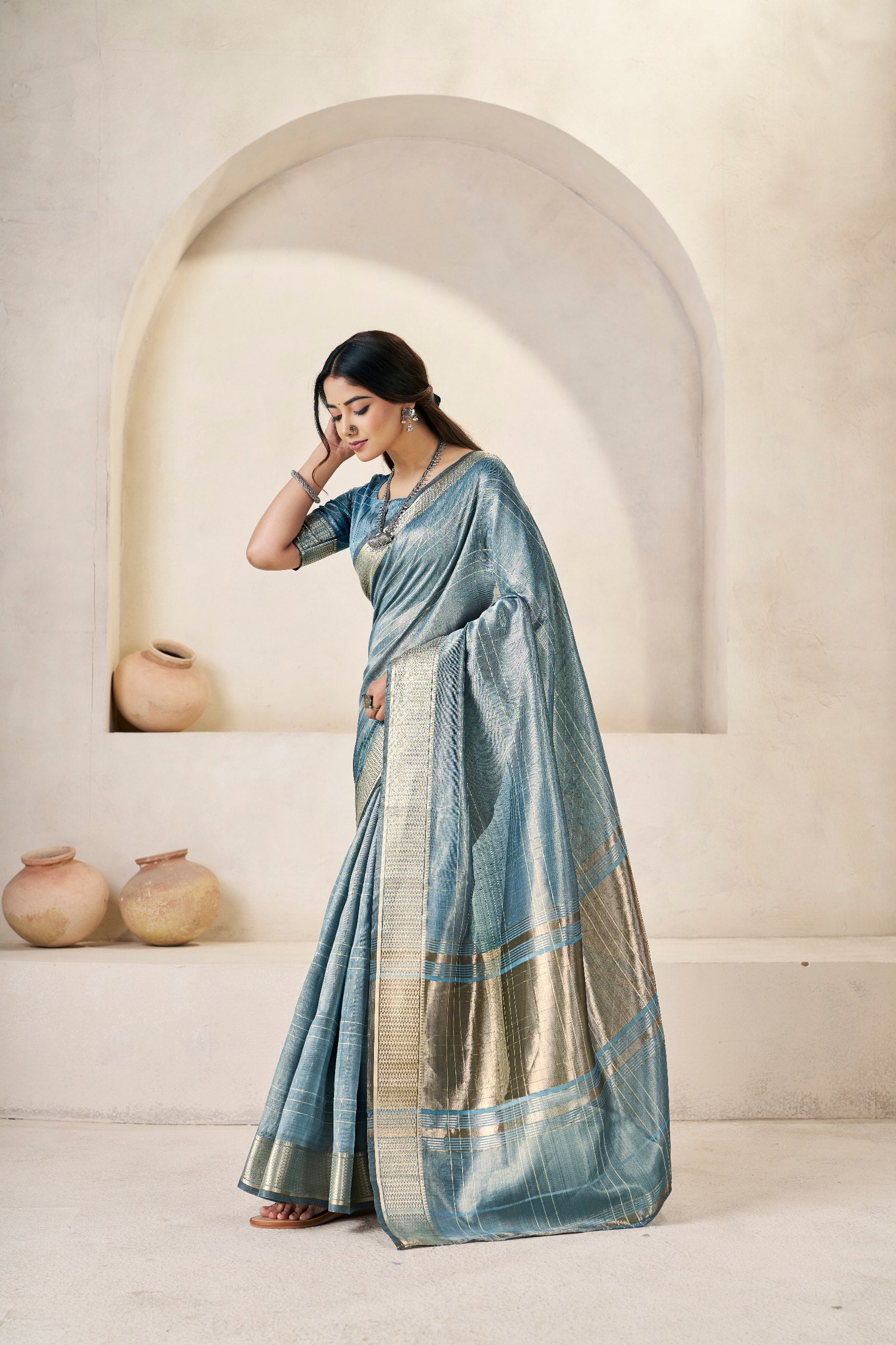 Steel Blue Banarasi Silk Saree with Silver Zari Border