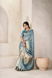 Steel Blue Banarasi Silk Saree with Silver Zari Border