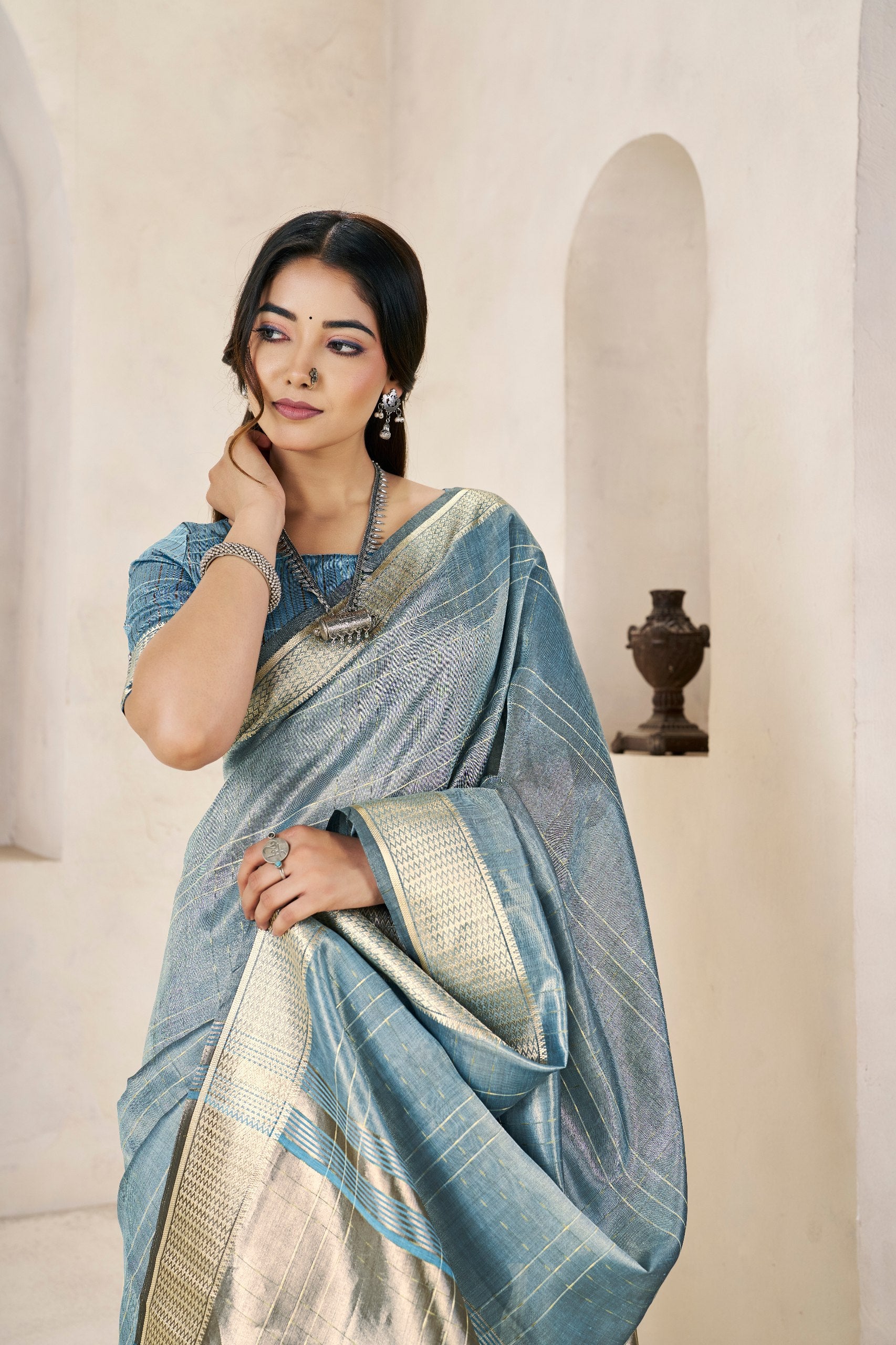 Steel Blue Banarasi Silk Saree with Silver Zari Border