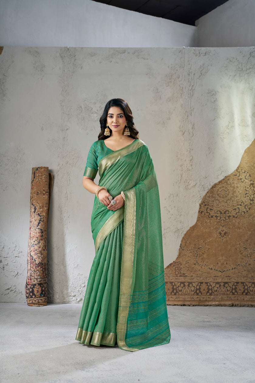 Emerald Green Banarasi Silk Saree with Golden Zari Border