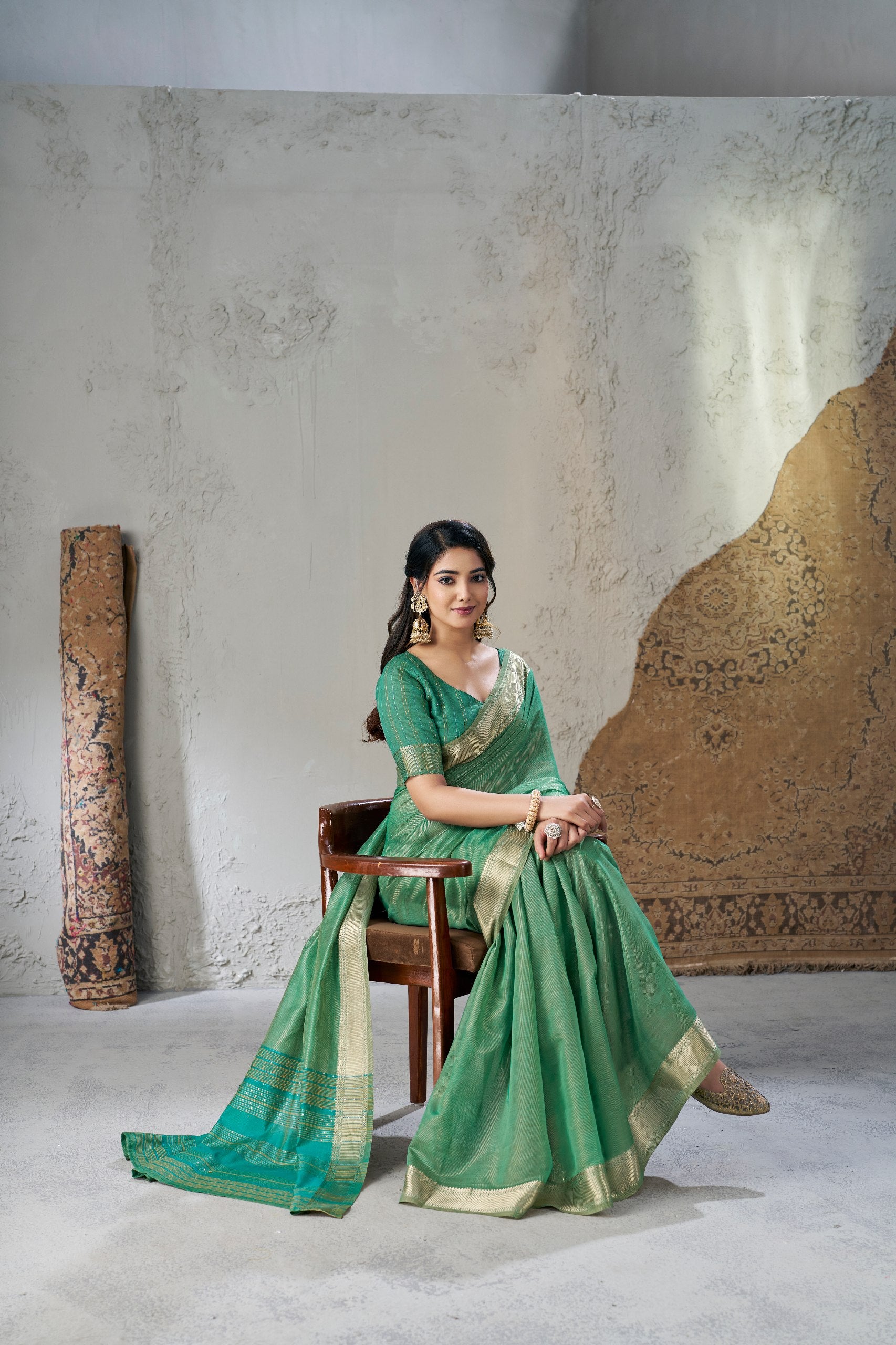 Emerald Green Banarasi Silk Saree with Golden Zari Border