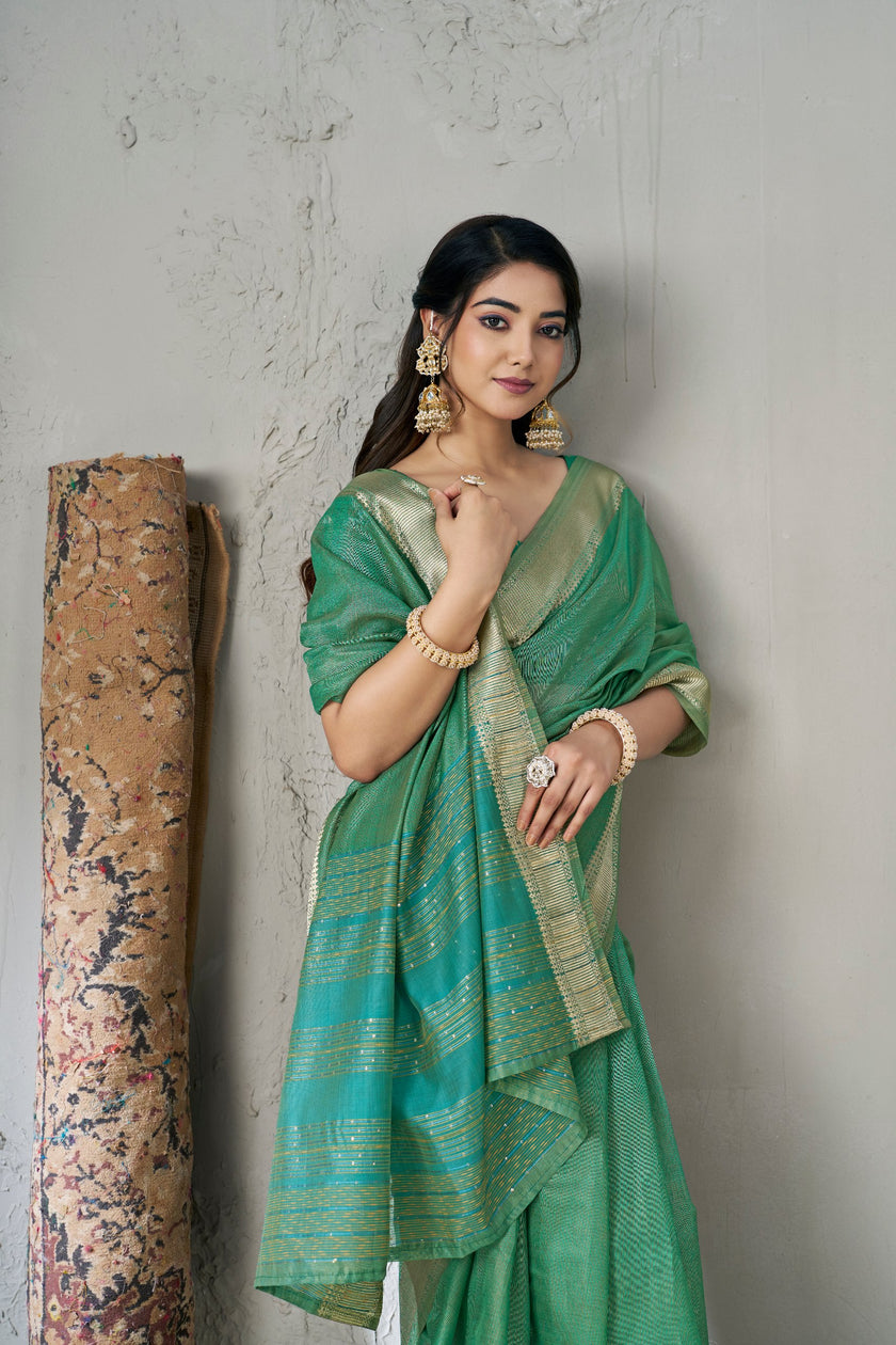 Emerald Green Banarasi Silk Saree with Golden Zari Border