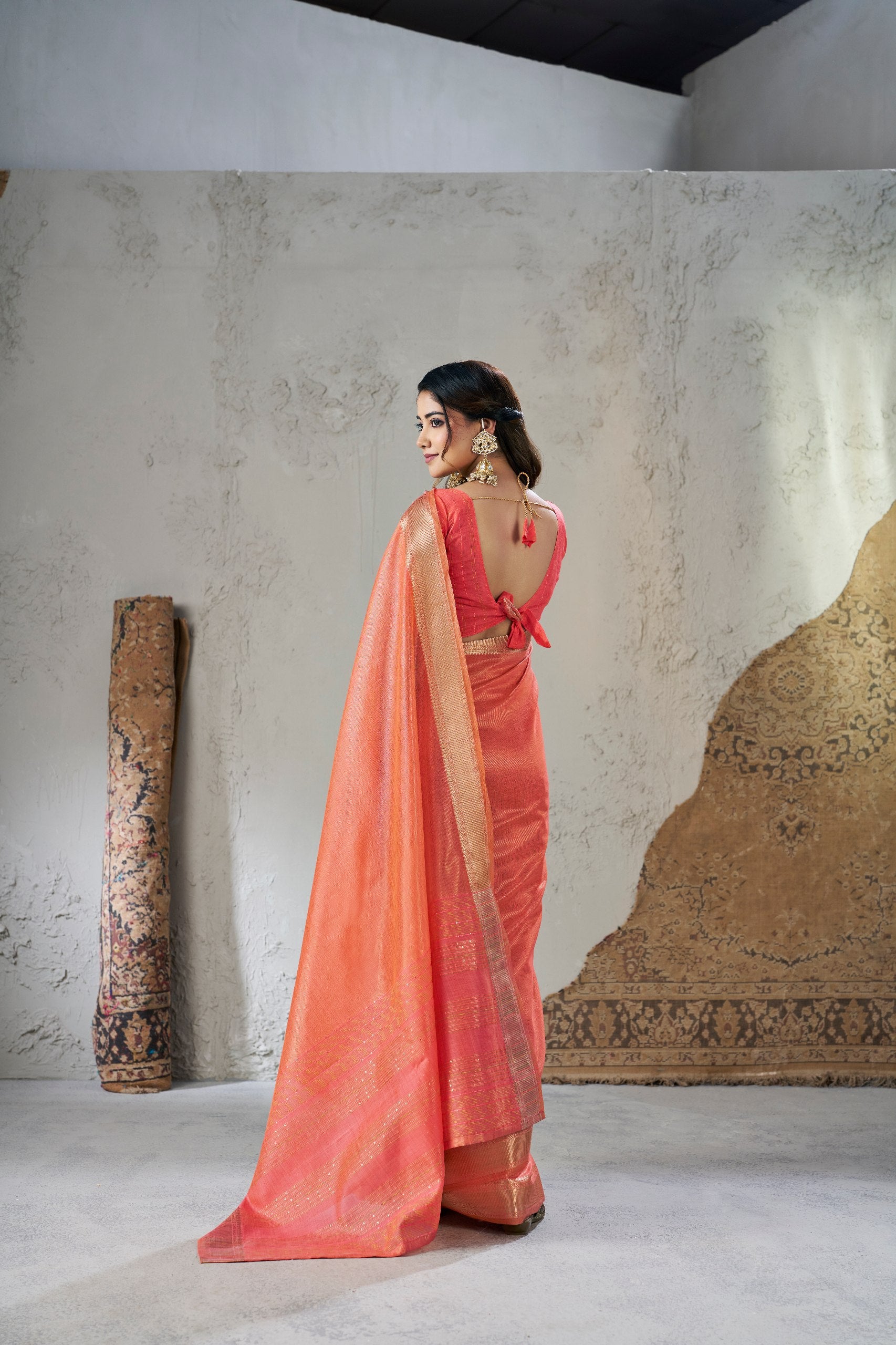 Sunset Peach Banarasi Silk Saree with Golden Zari Border