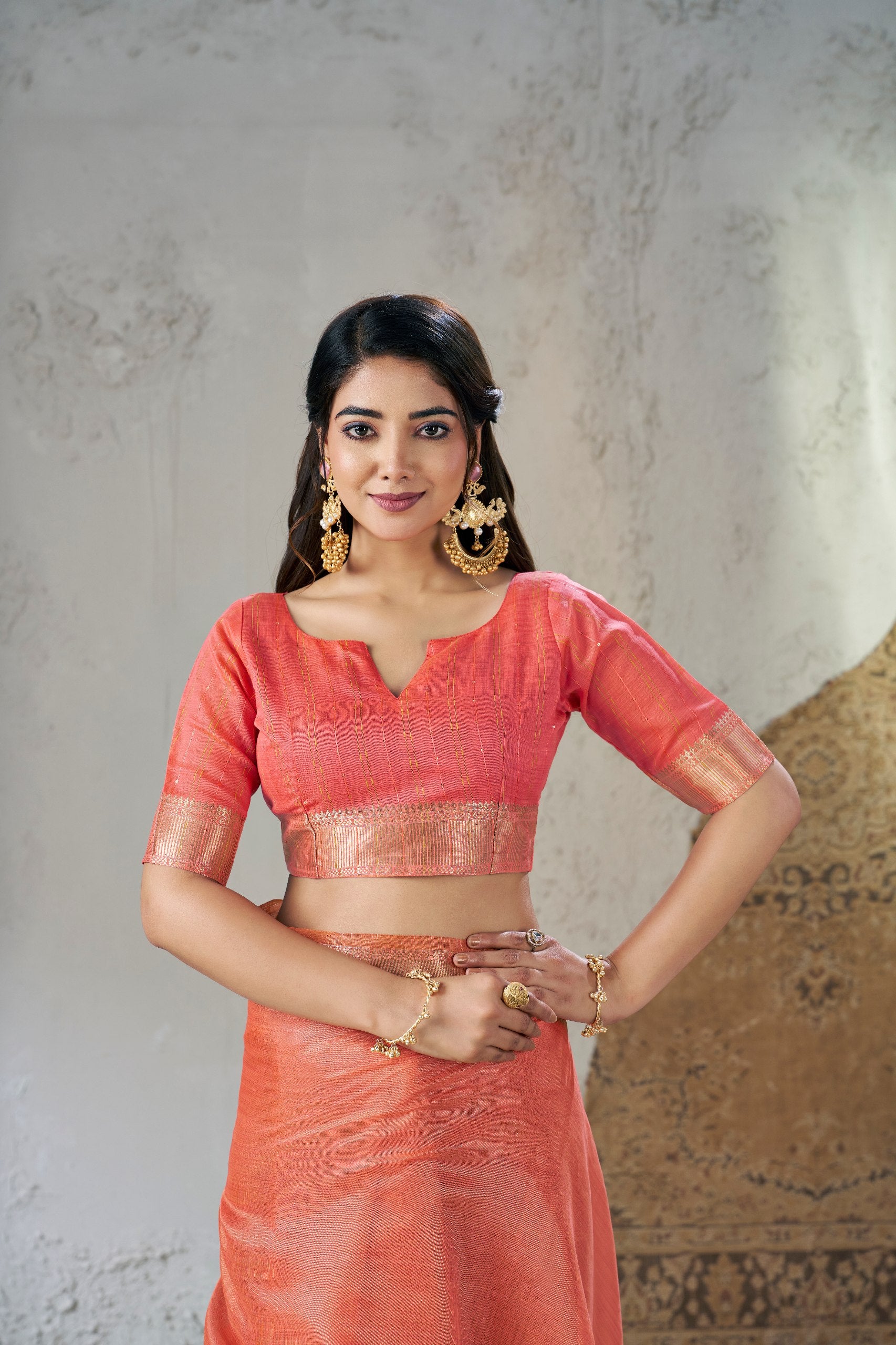 Sunset Peach Banarasi Silk Saree with Golden Zari Border