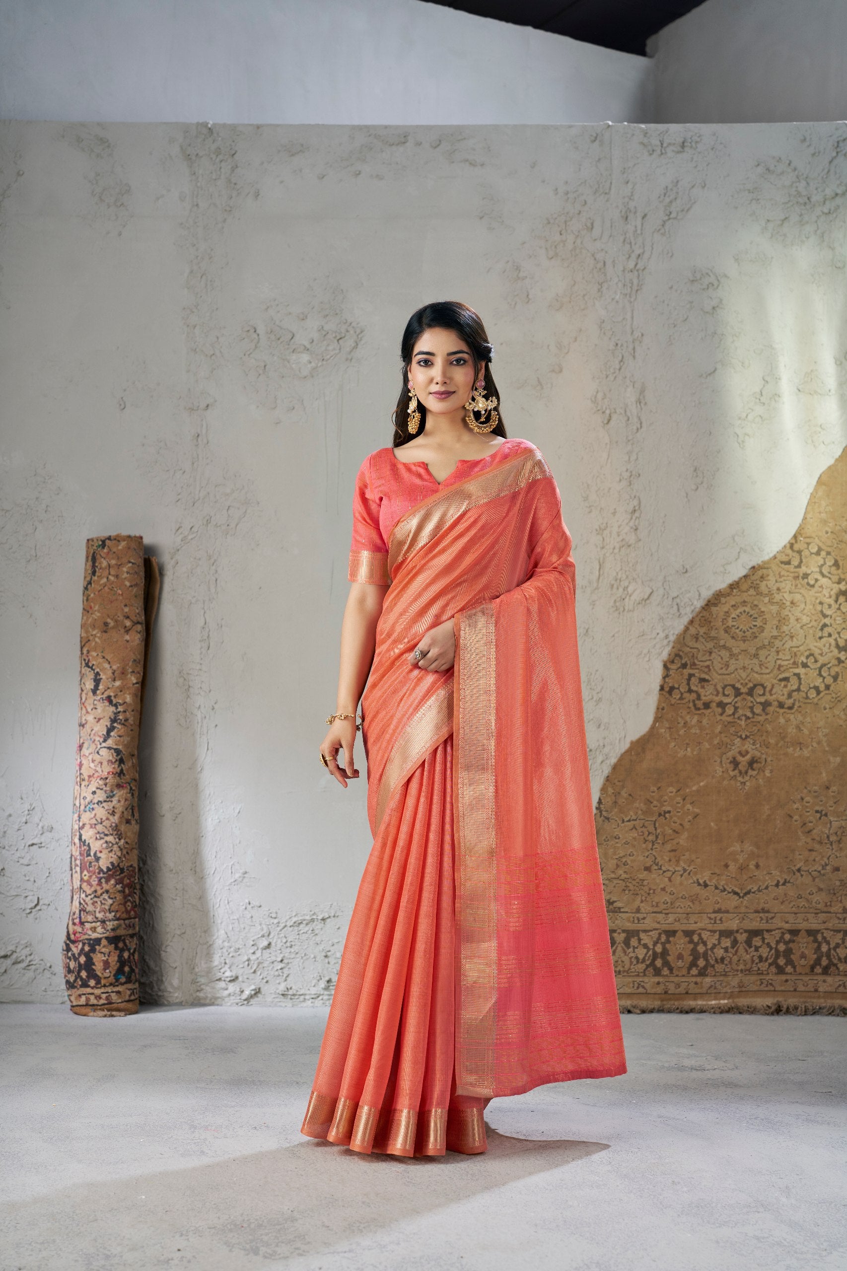 Sunset Peach Banarasi Silk Saree with Golden Zari Border