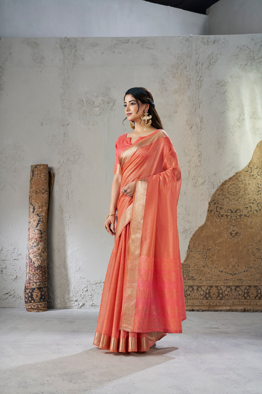 Sunset Peach Banarasi Silk Saree with Golden Zari Border