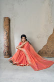 Sunset Peach Banarasi Silk Saree with Golden Zari Border