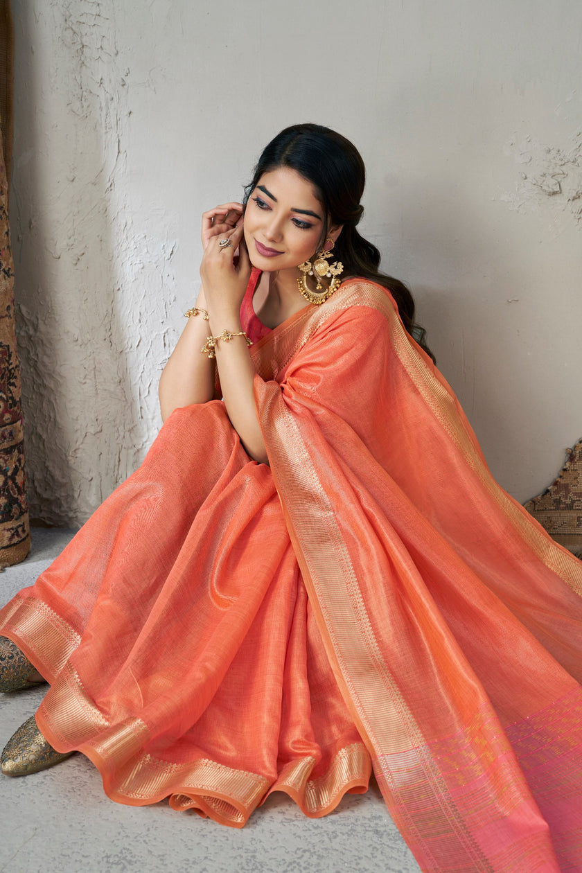 Sunset Peach Banarasi Silk Saree with Golden Zari Border
