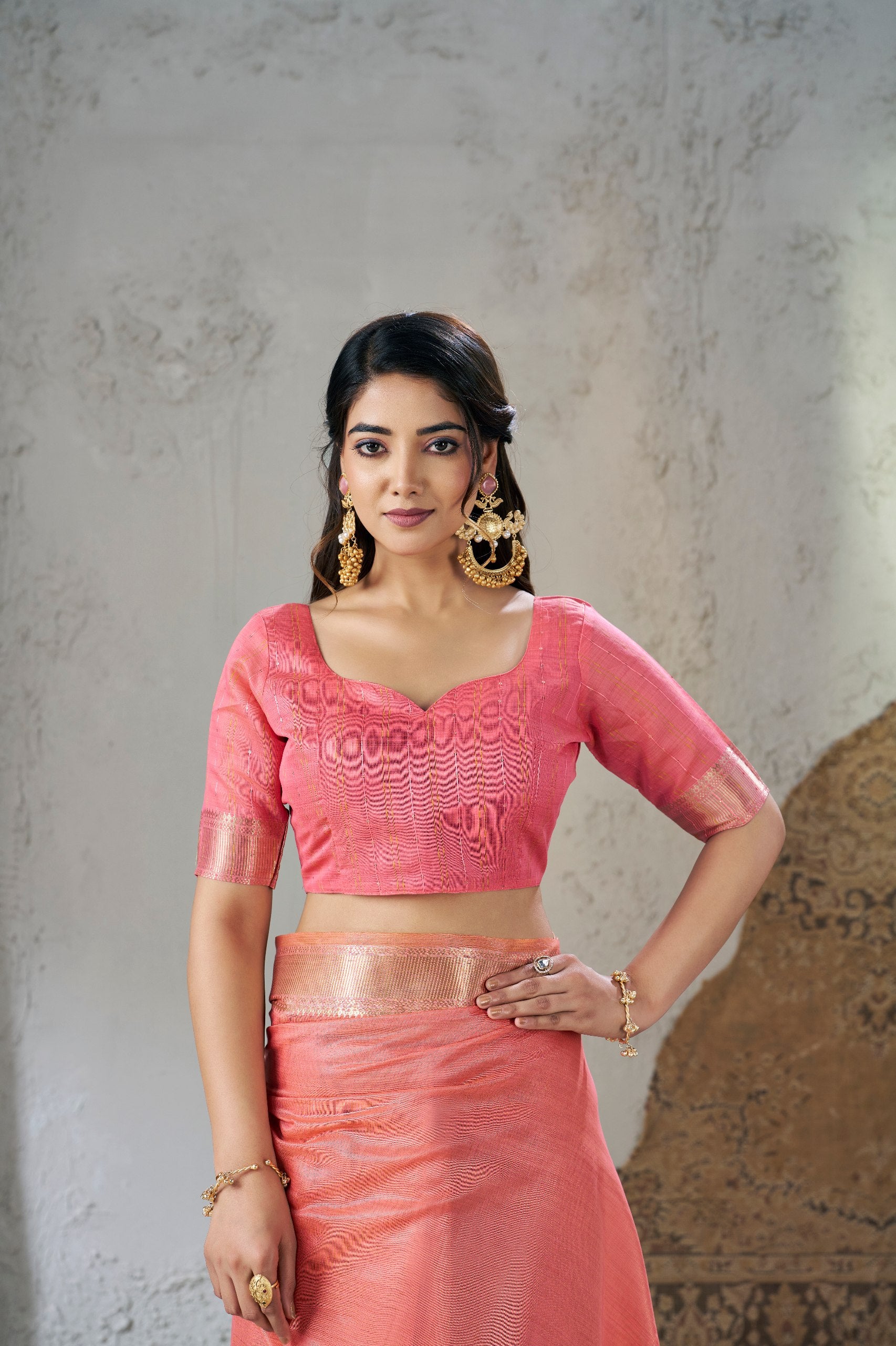 Coral Pink Banarasi Silk Saree with Golden Zari Border