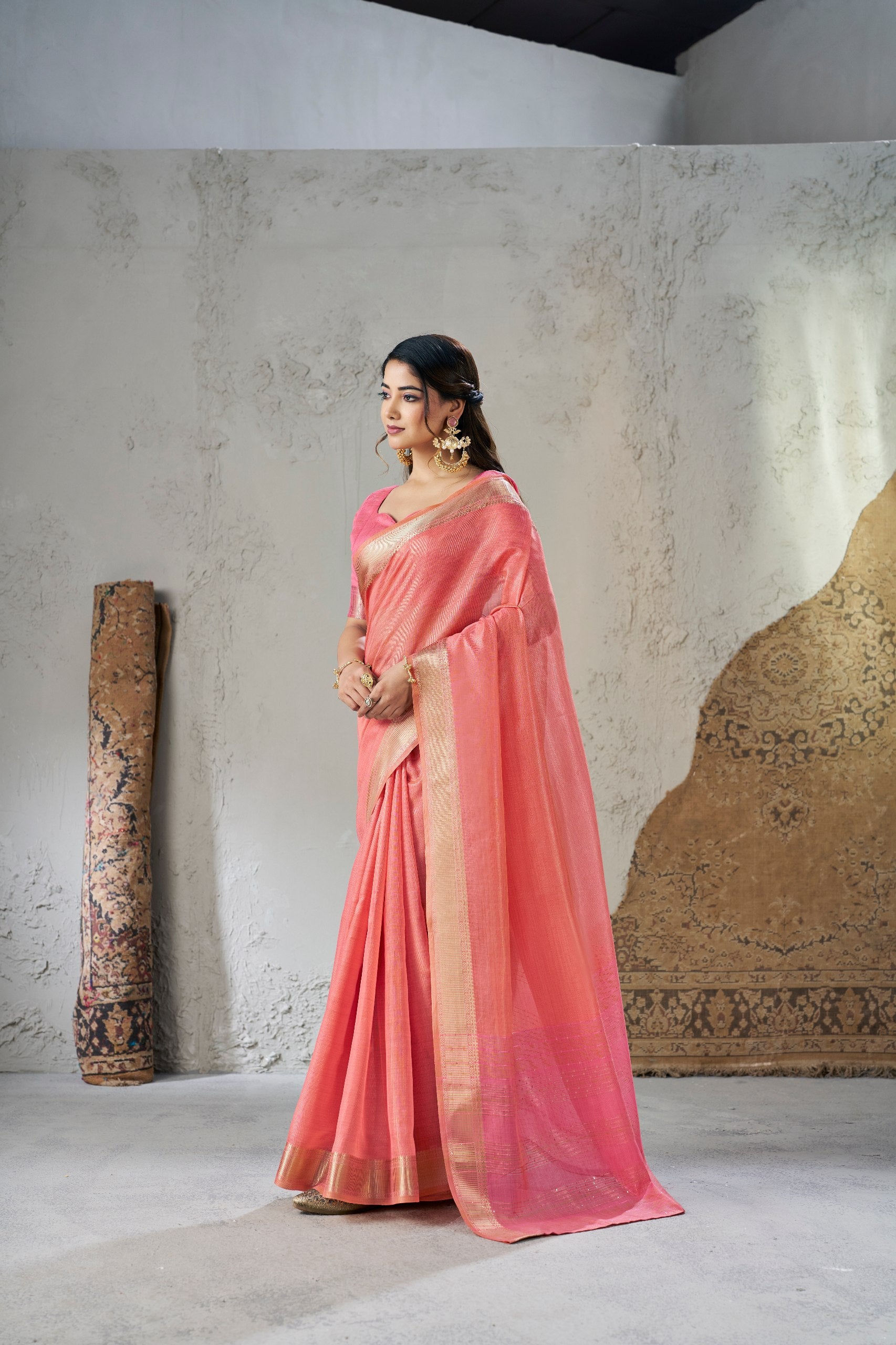 Coral Pink Banarasi Silk Saree with Golden Zari Border