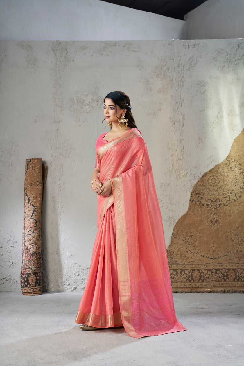 Coral Pink Banarasi Silk Saree with Golden Zari Border