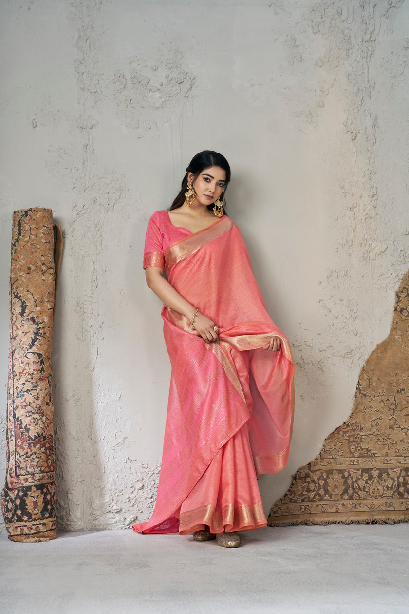 Coral Pink Banarasi Silk Saree with Golden Zari Border