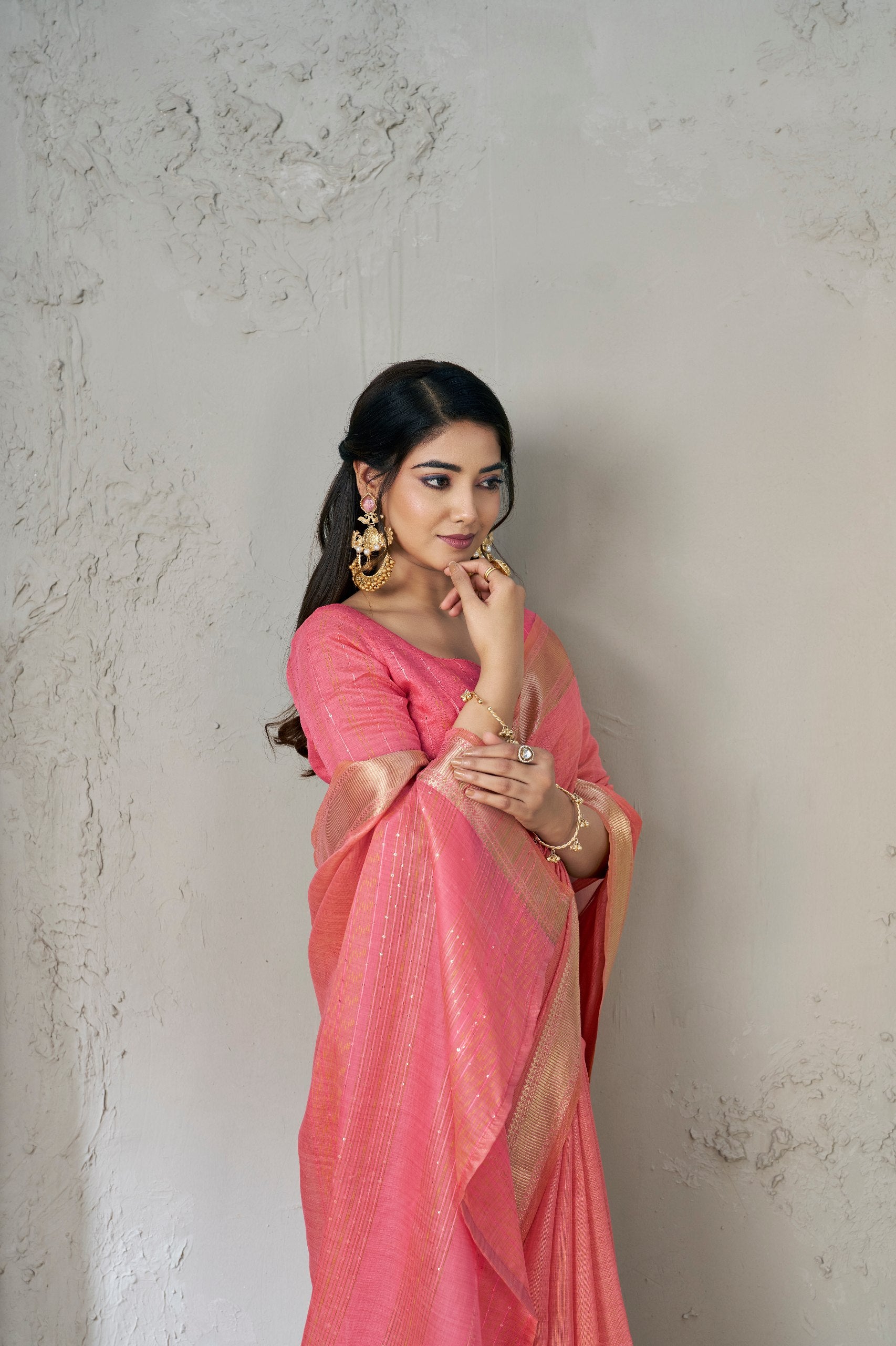 Coral Pink Banarasi Silk Saree with Golden Zari Border