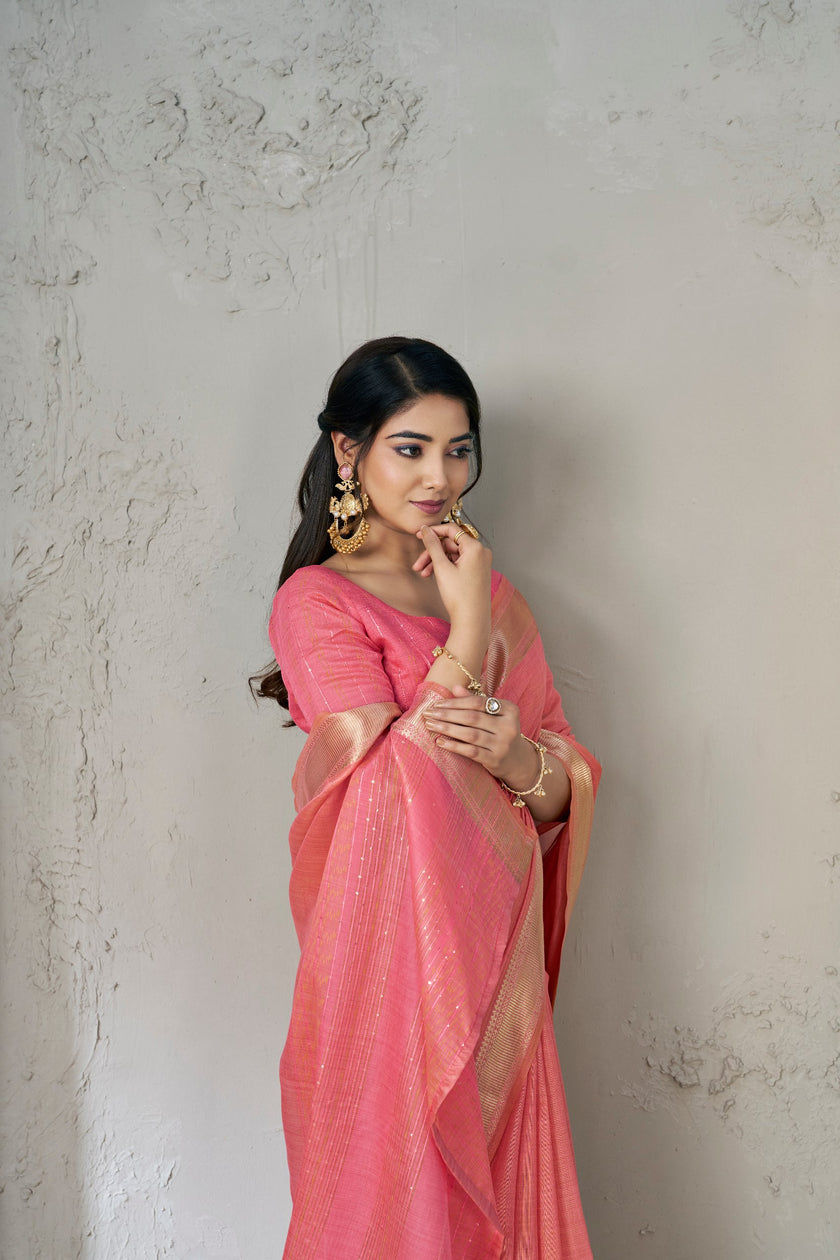 Coral Pink Banarasi Silk Saree with Golden Zari Border