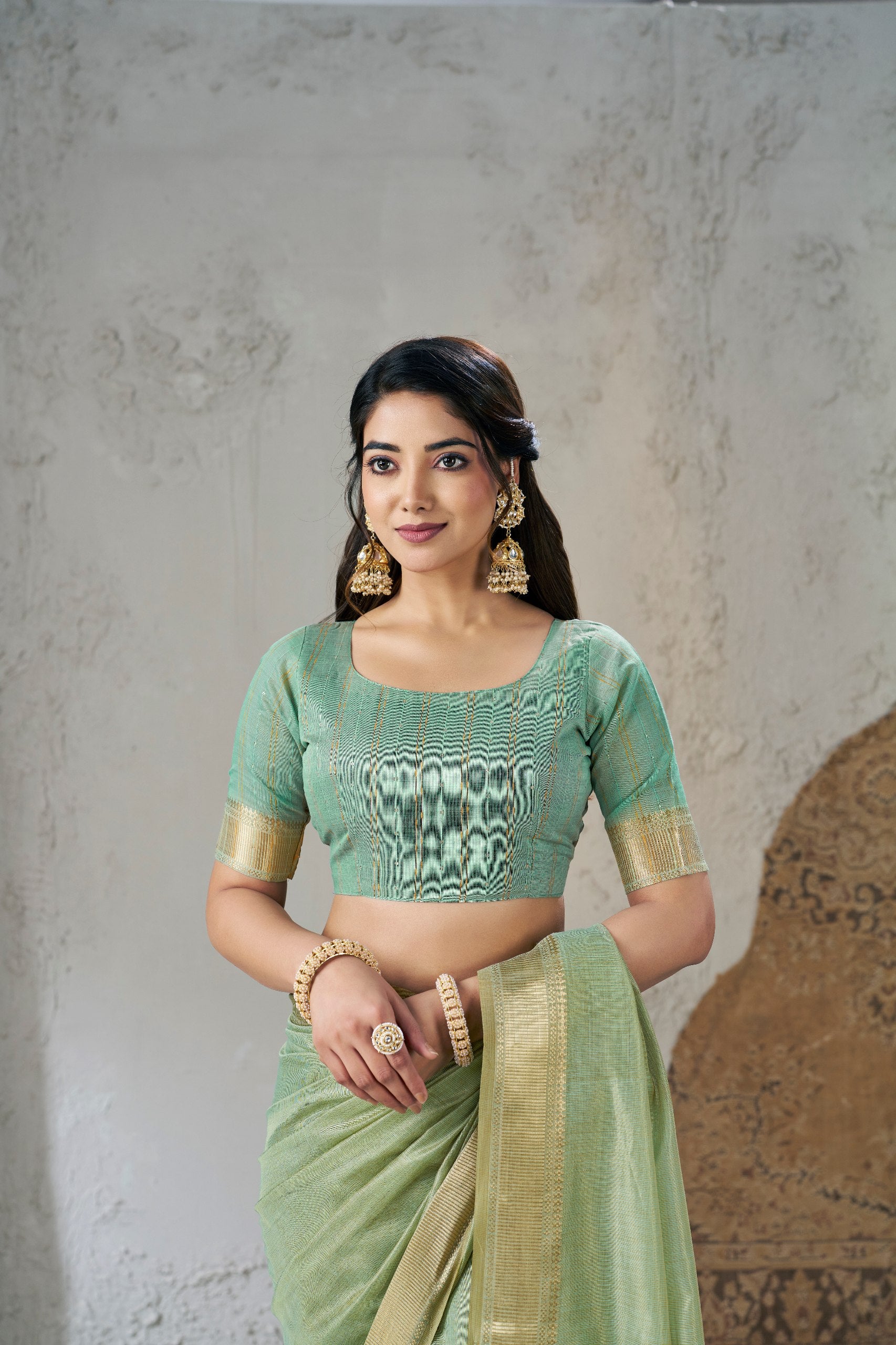 Mint Green Banarasi Silk Saree with Golden Zari Border