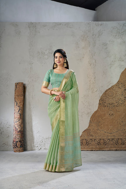 Mint Green Banarasi Silk Saree with Golden Zari Border