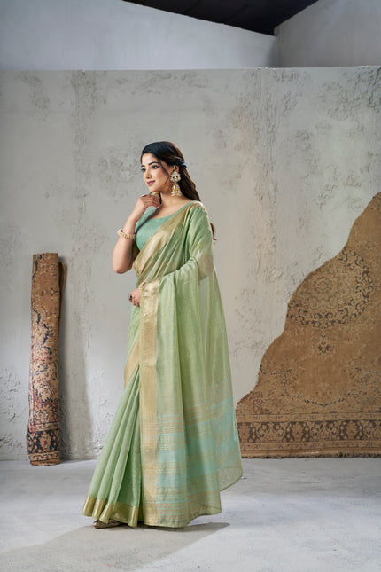 Mint Green Banarasi Silk Saree with Golden Zari Border