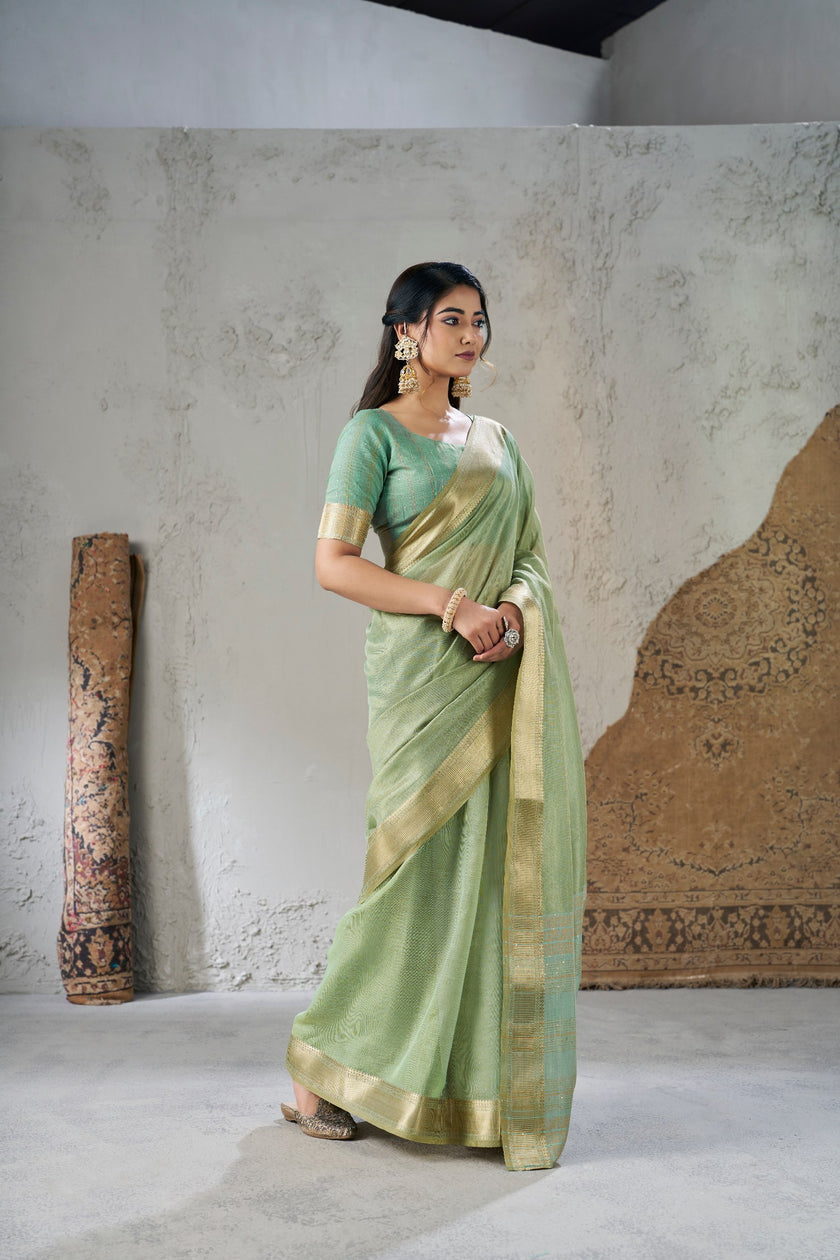 Mint Green Banarasi Silk Saree with Golden Zari Border